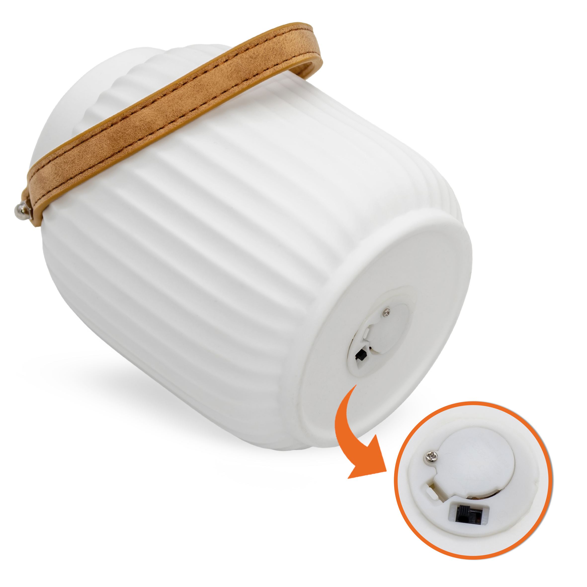LED Keramik Laterne matt weiß mit Henkel in Leder Optik - 16 cm x 13 cm - Porzellan Windlicht warm weiß beleuchtet batteriebetrieben