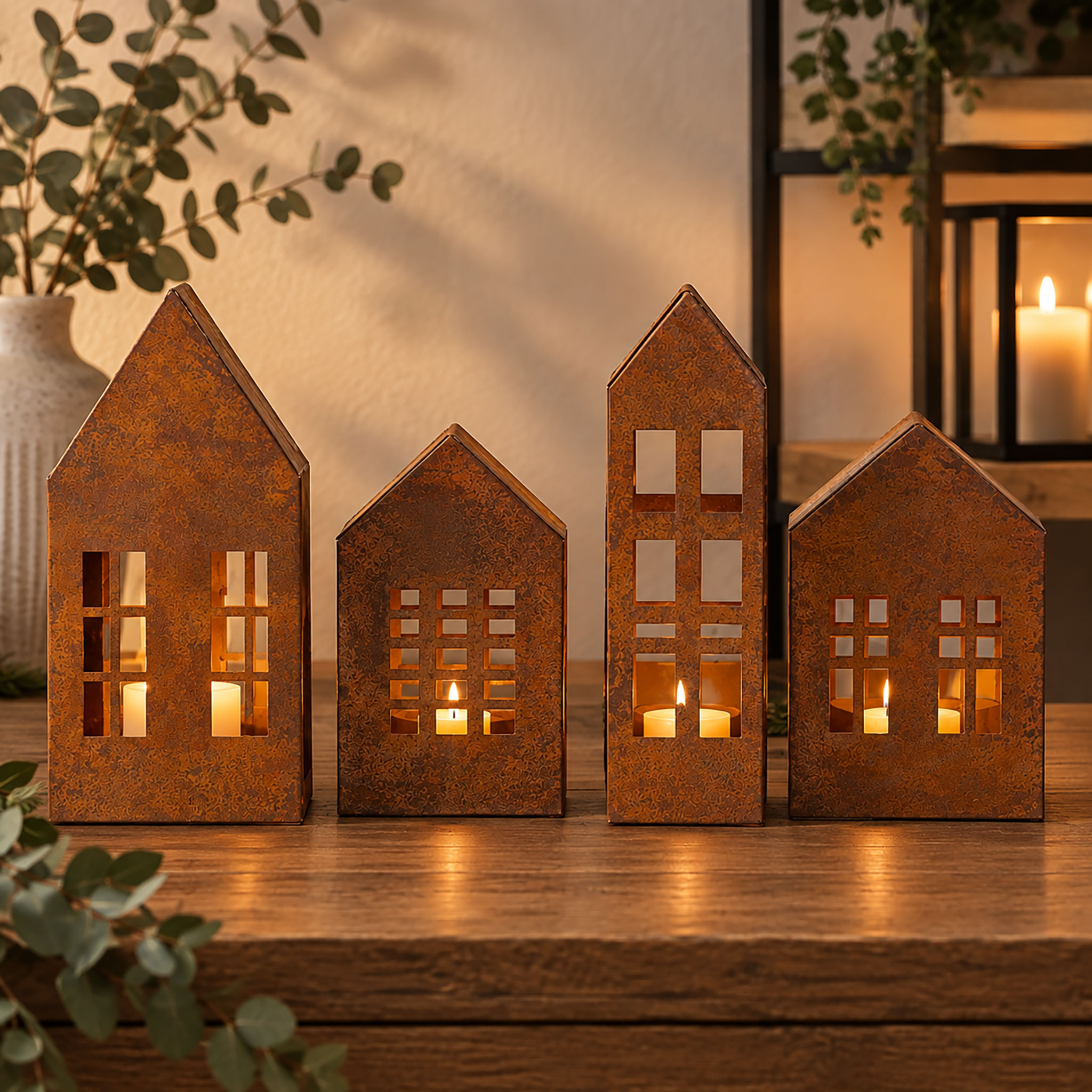 Metall Haus rotbraun mit Edelrost 4er Set - 2x 15 cm | 2x 20 cm - Weihnachtsdorf Teelichthalter mit Rost Patina