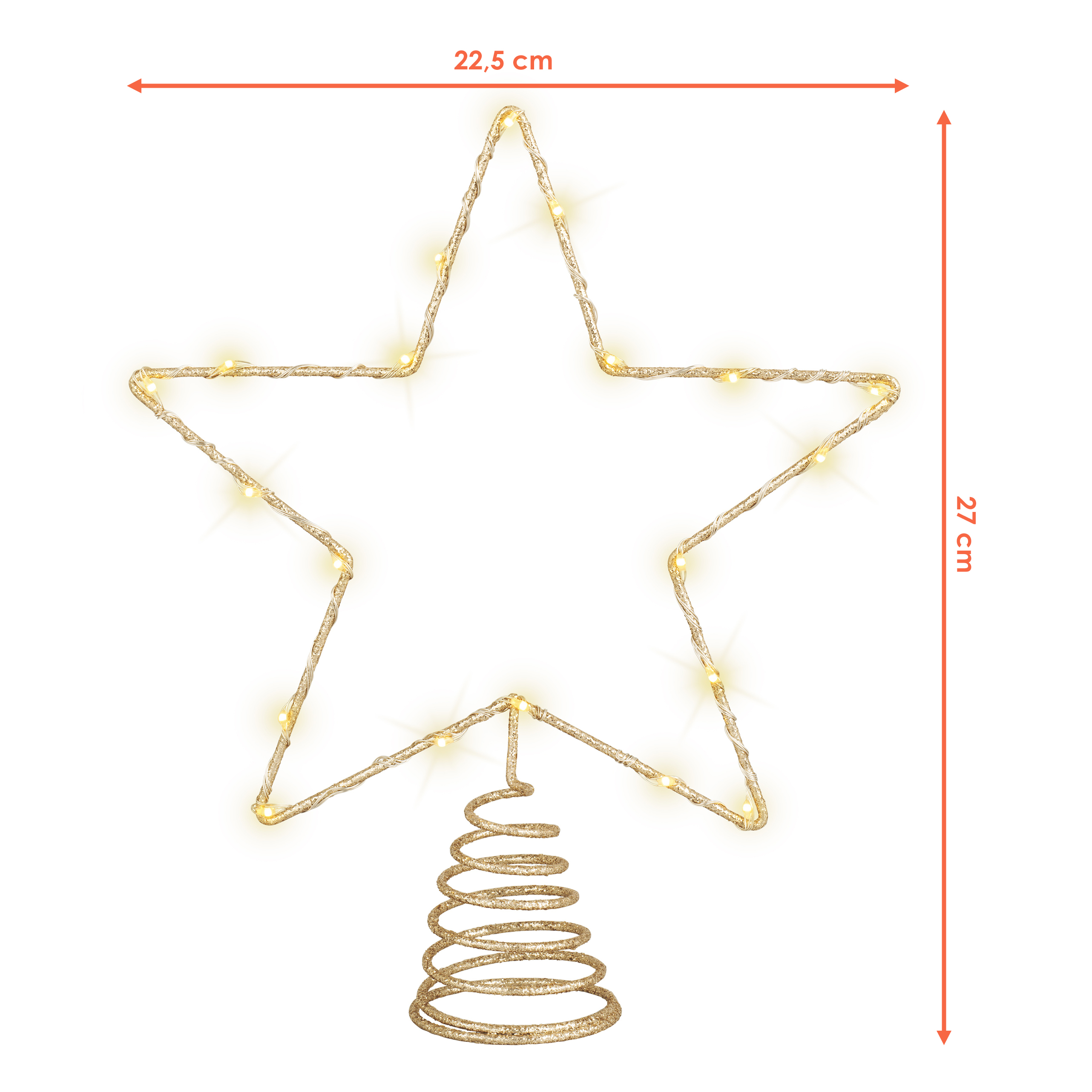 LED Weihnachtsbaum Spitze 27 cm warm weiß mit Timer - gold - Beleuchteter Stern für den Christbaum Batterie betrieben