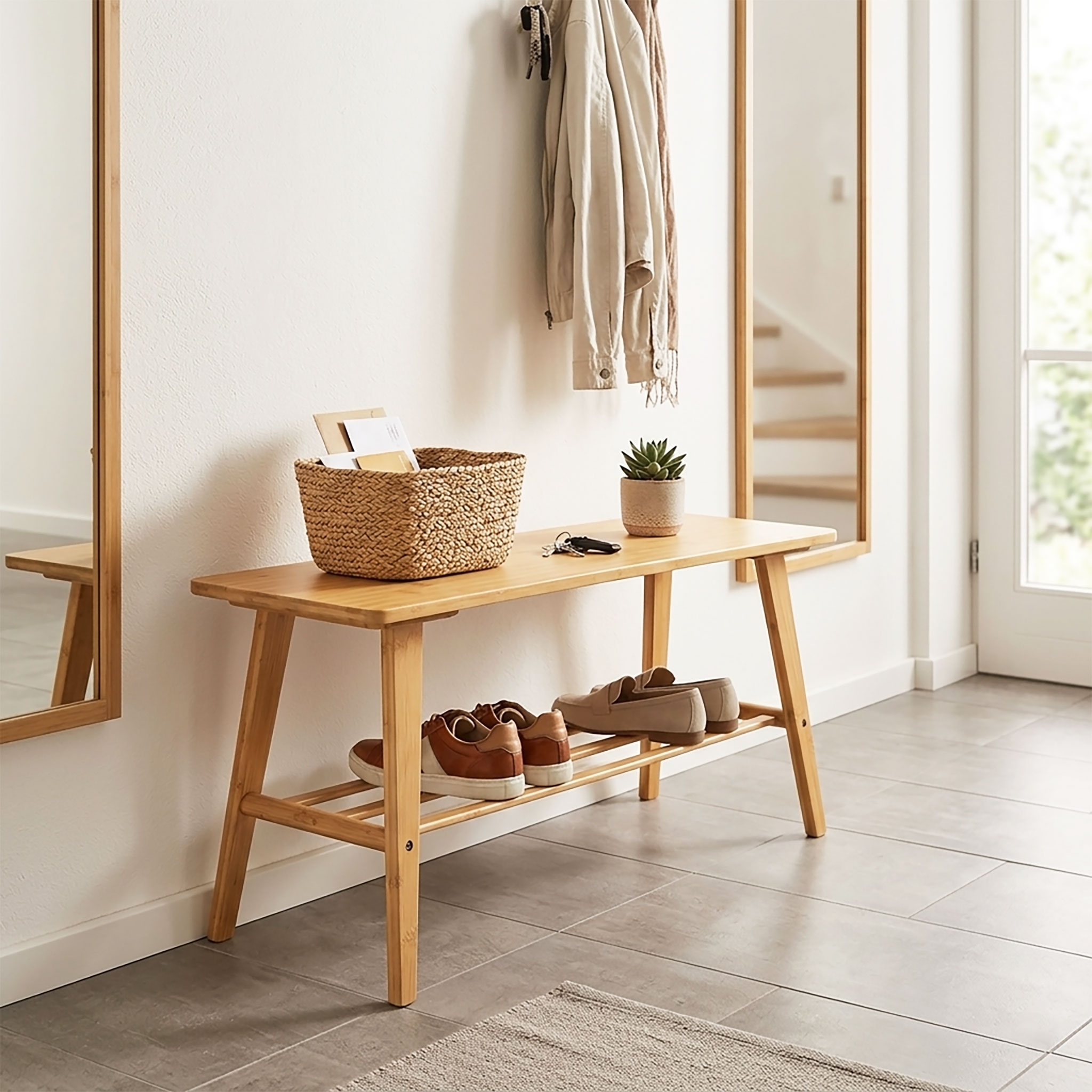 Schuhbank aus Bambus Holz mit integrierter Ablage - 80 x 40 cm - Massivholz Sitzbank mit Schuhablage
