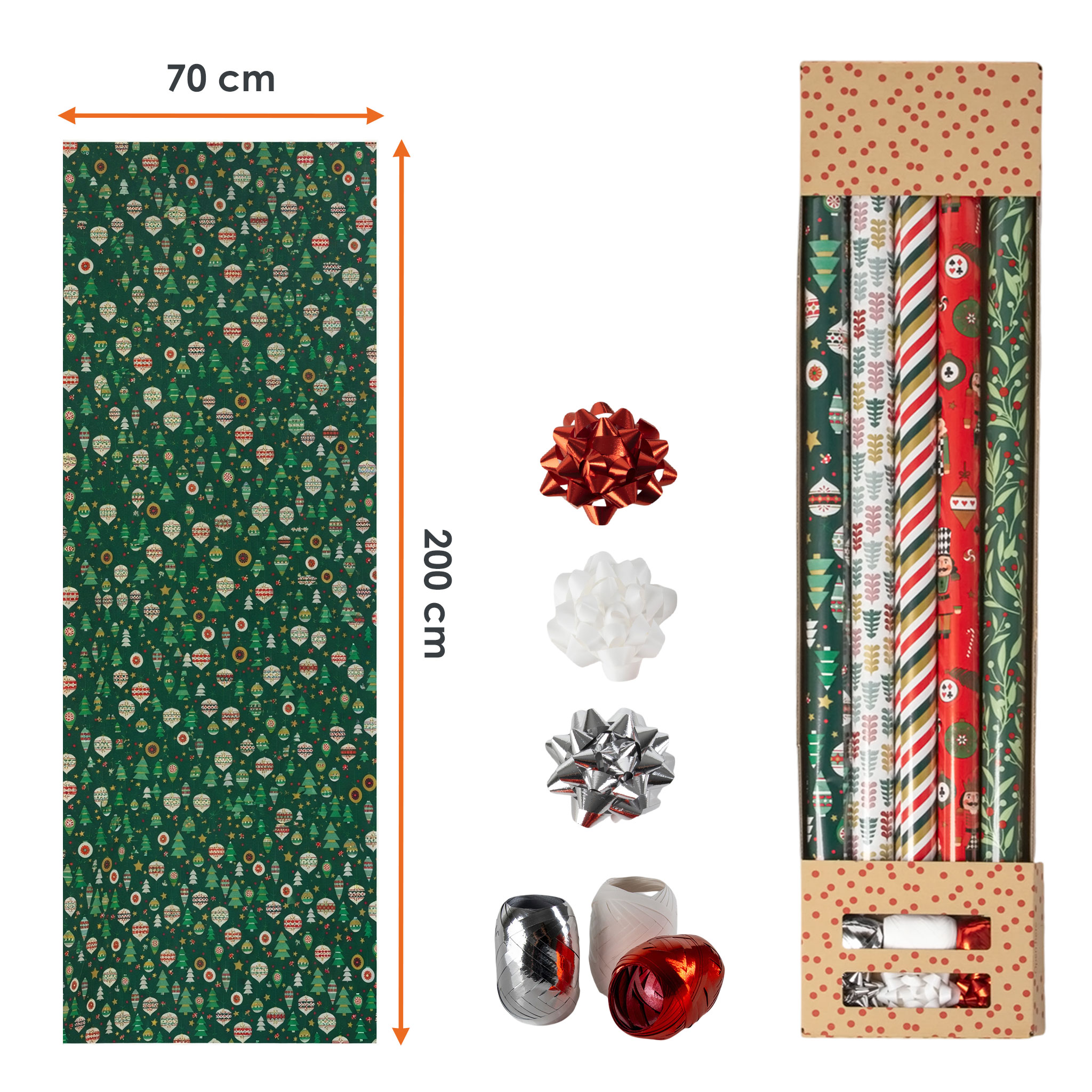 Weihnachts Geschenkpapier 200 x 70 cm mit festlichen Motiven - 5 Rollen - Weihnachtsgeschenk Papierrolle 2 Meter bunt mit Geschenkband und Schleifen