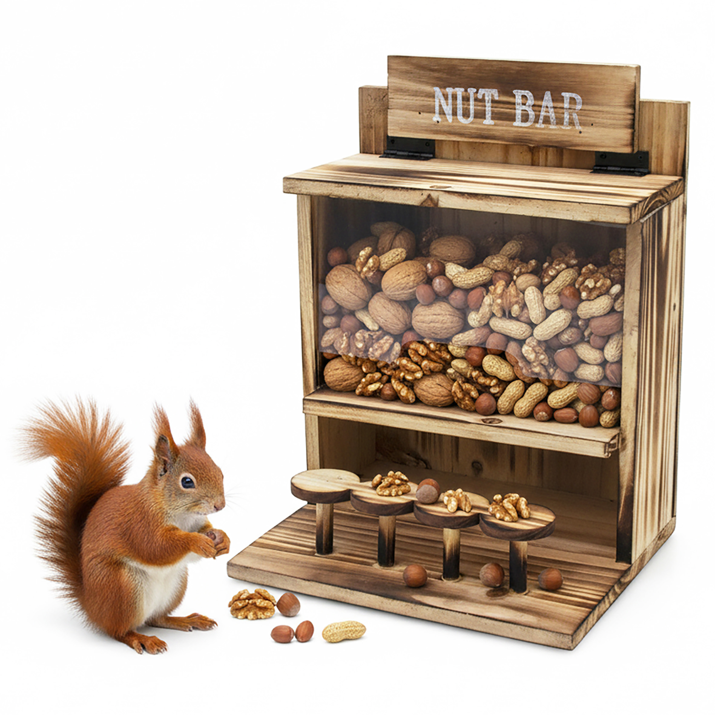 Eichhörnchen Futterstation NUT BAR aus Holz - 32 x 24 cm - Garten Deko Futterspender mit Klappdeckel