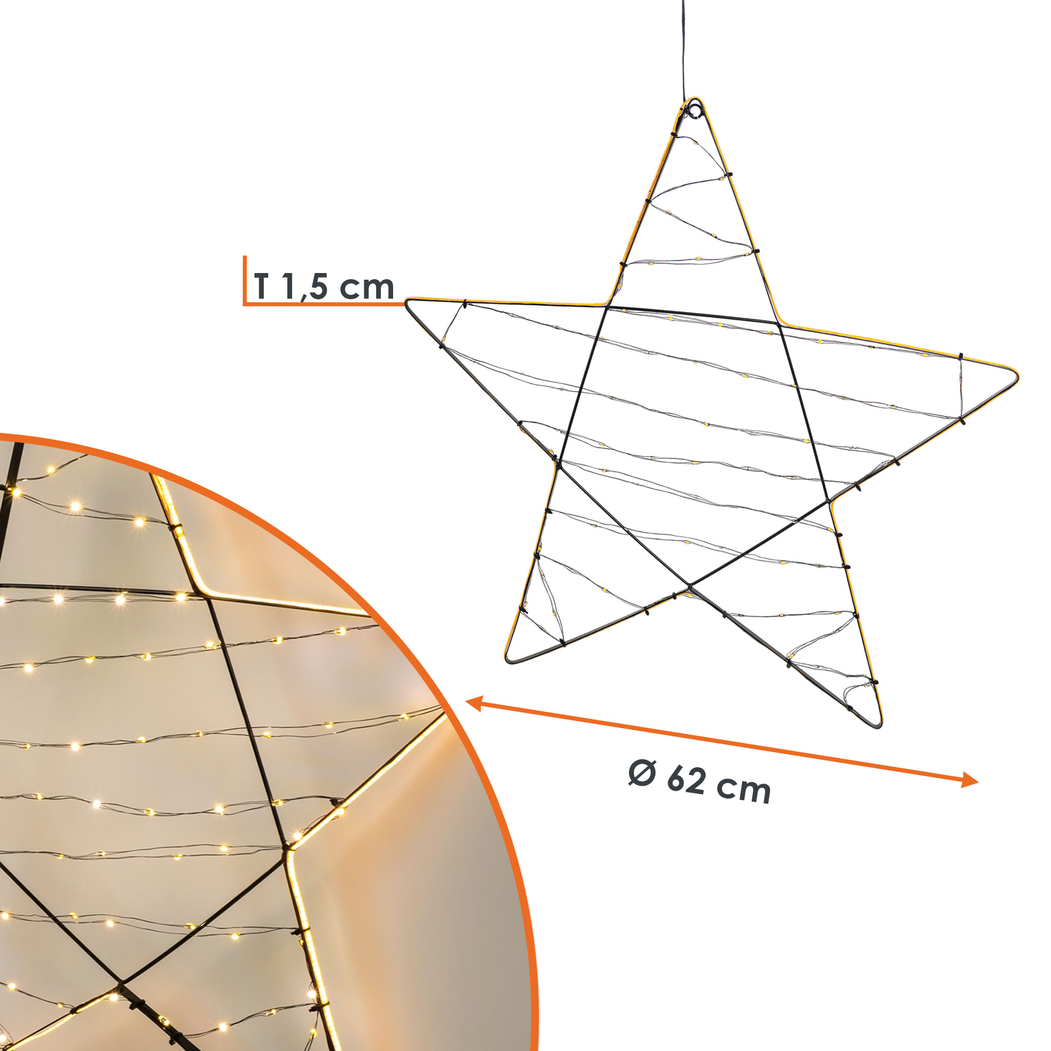 Metall Leuchtstern 80 LEDs mit Timer und Netzteil für Außen - 62 cm - Weihnachtsstern beleuchtet im warm & kalt weiß Mix mit LED Band