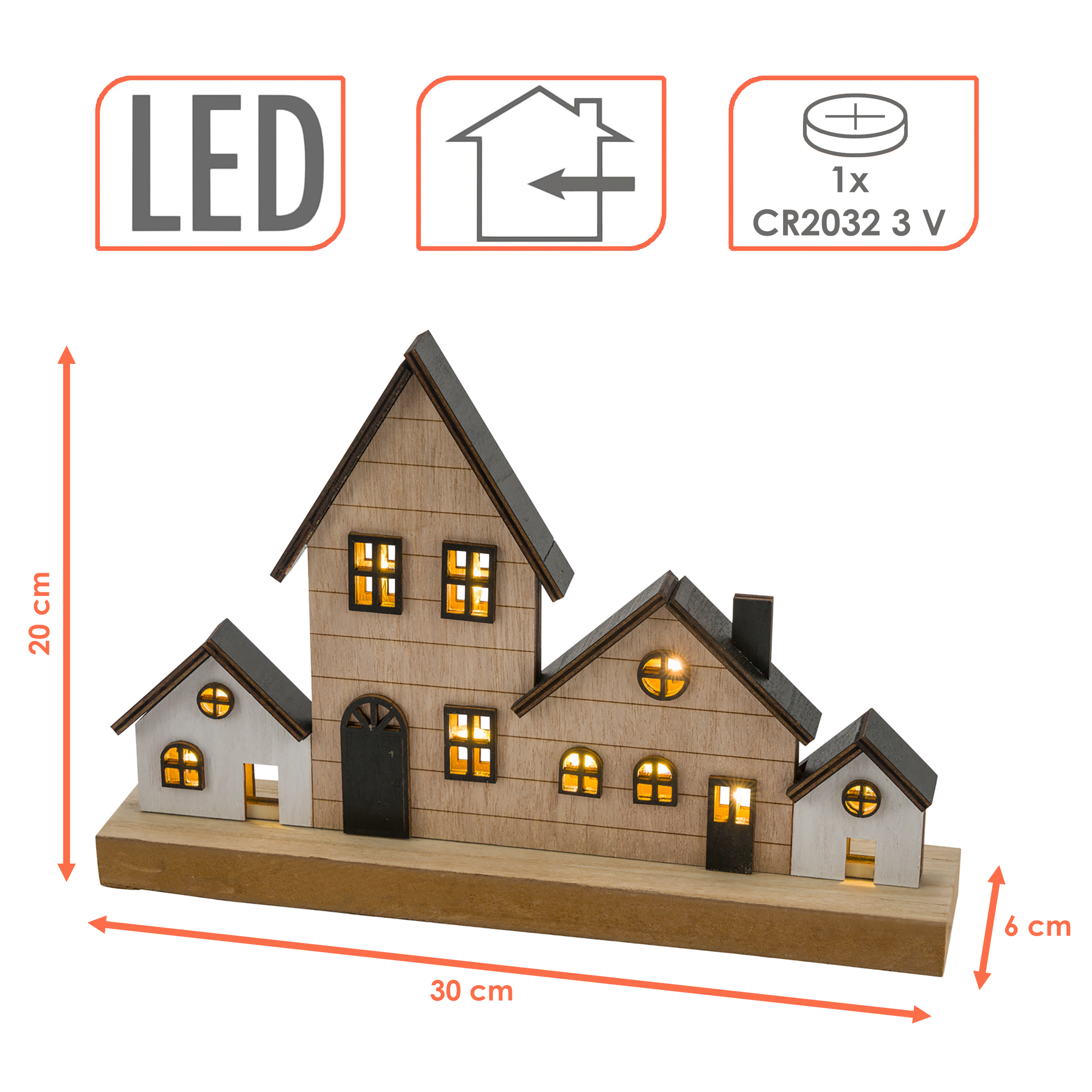 LED Weihnachts Stadt Aufsteller aus Holz - 30 x 20 cm - Deko Häuserzeile warm weiß beleuchtet