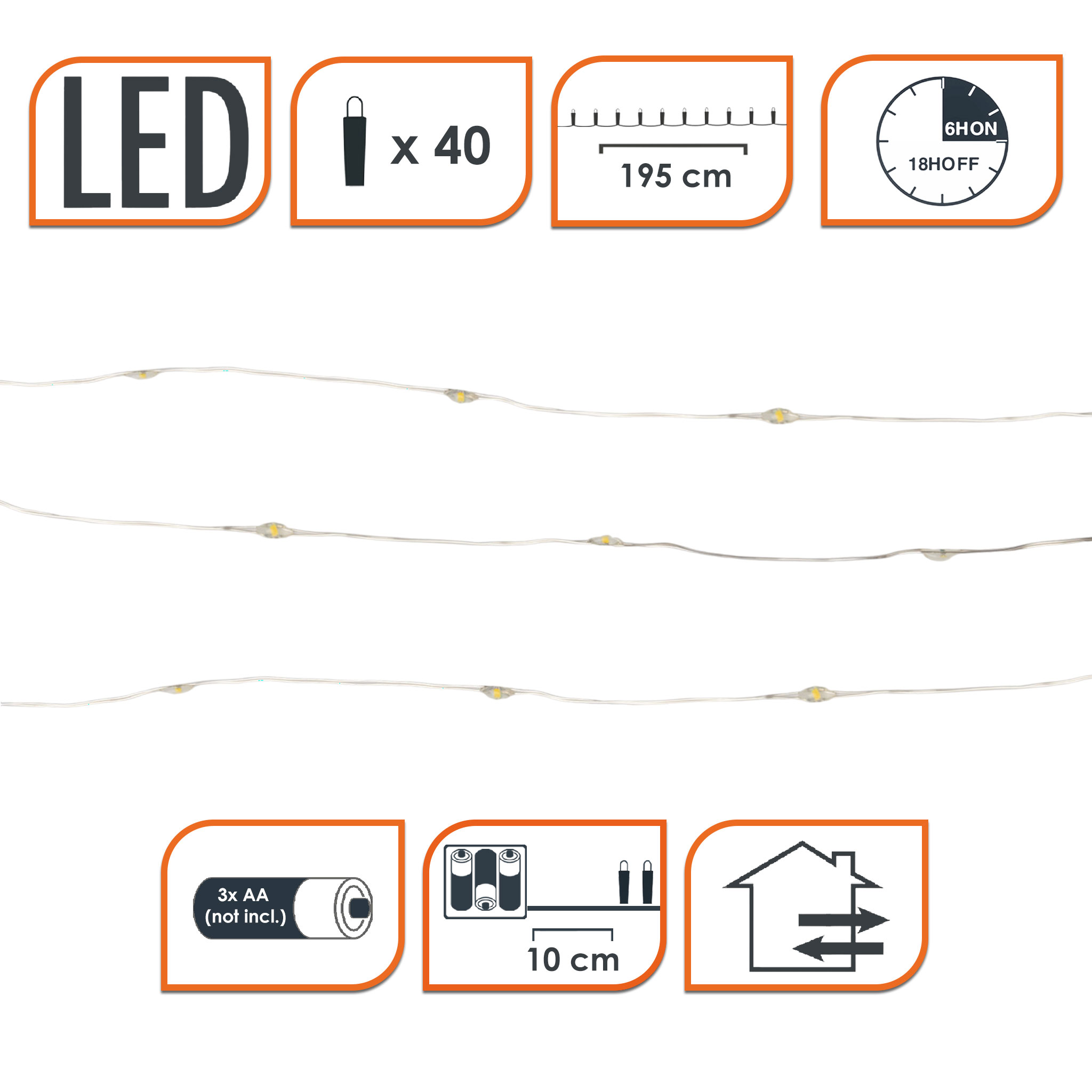 Draht Lichterkette 40 LED / 195 cm - warm weiß - Deko Beleuchtung für Außen und Innen