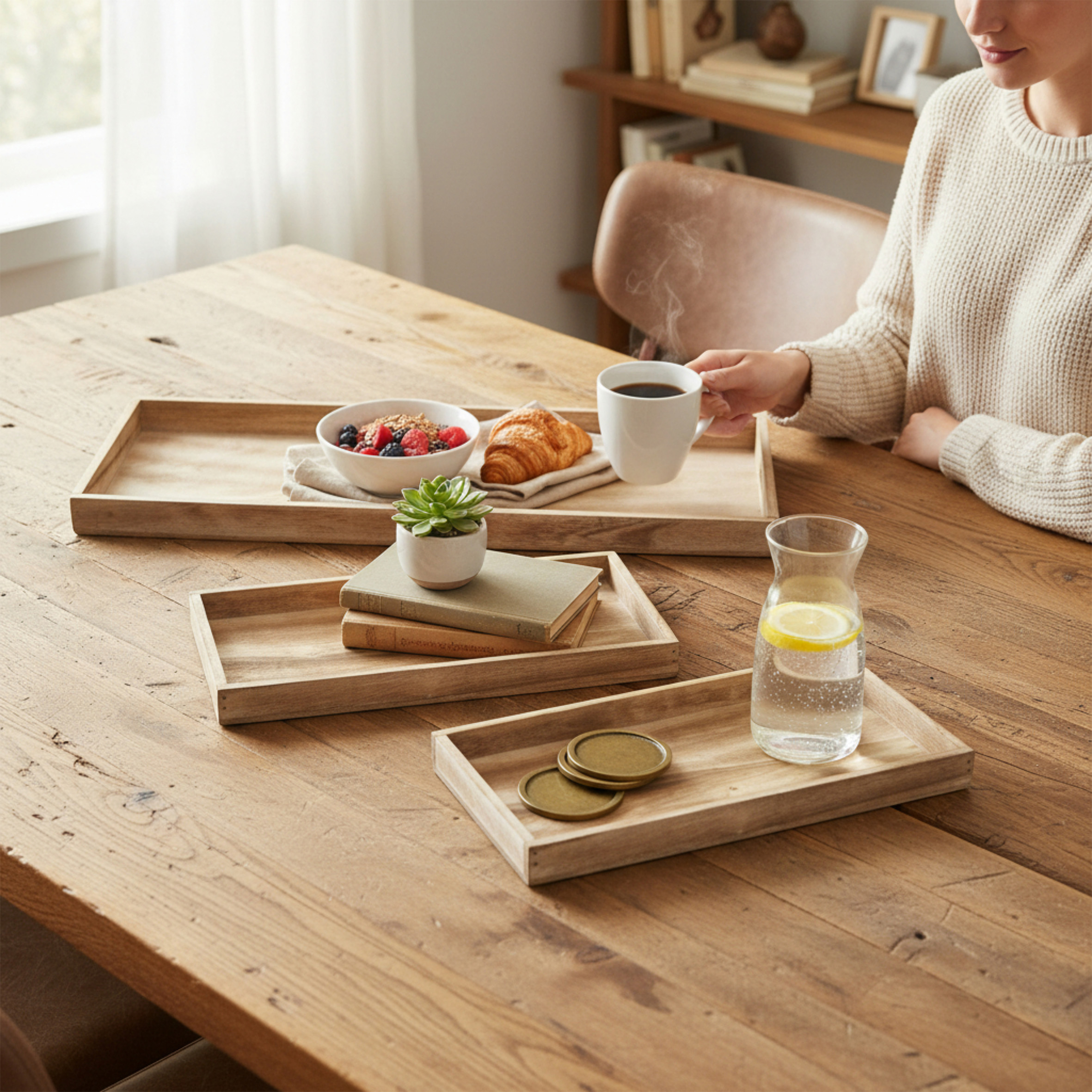 Holz Kerzentablett geflammt rechteckig 3er Set  - 60 / 42 / 30 cm - Dekotablett naturbelassen mit erhöhtem Rand