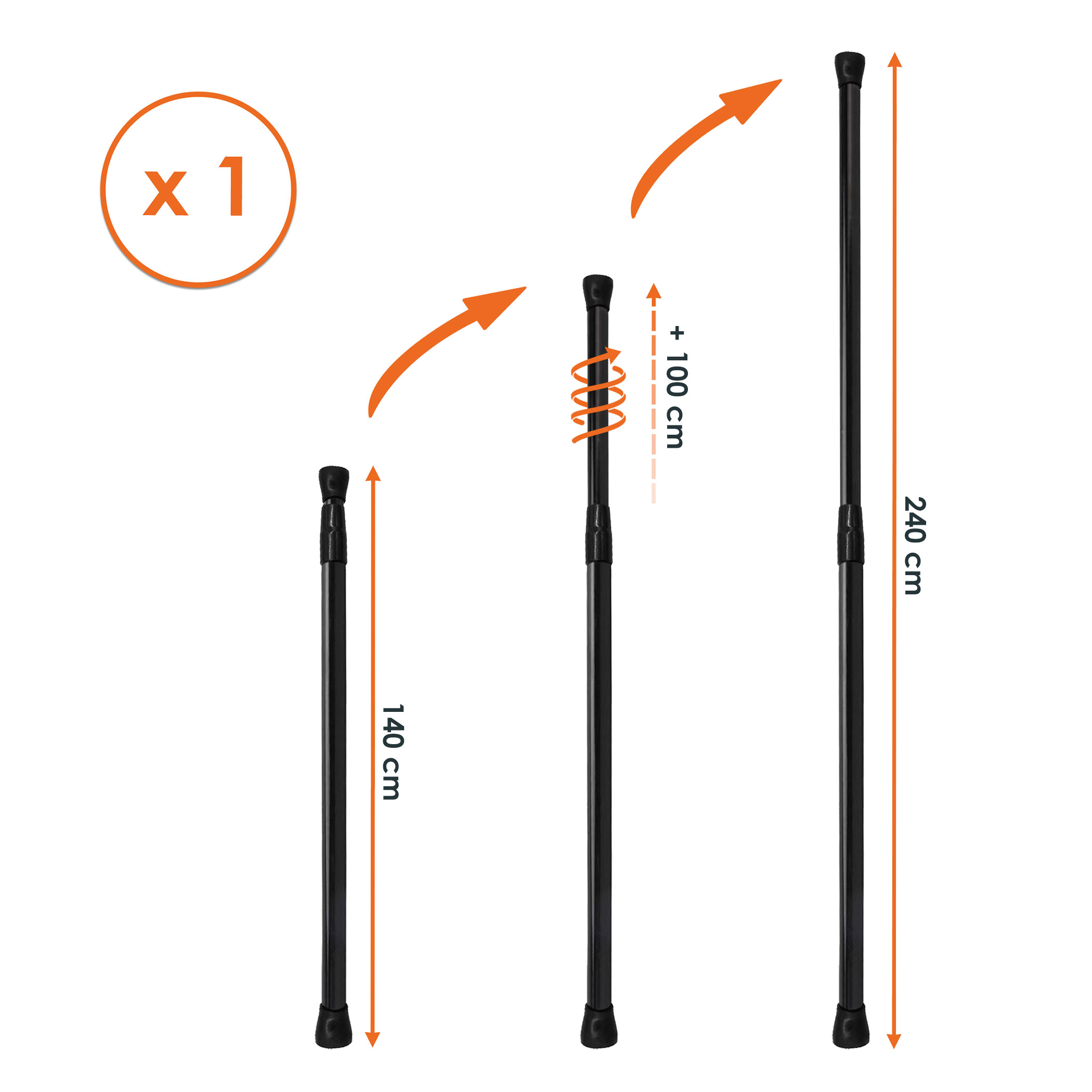 Duschvorhangstange ausziehbar in schwarz - 140 - 240 cm - Teleskopstange zum Einklemmen für Dusche, Lichterketten und Girlanden