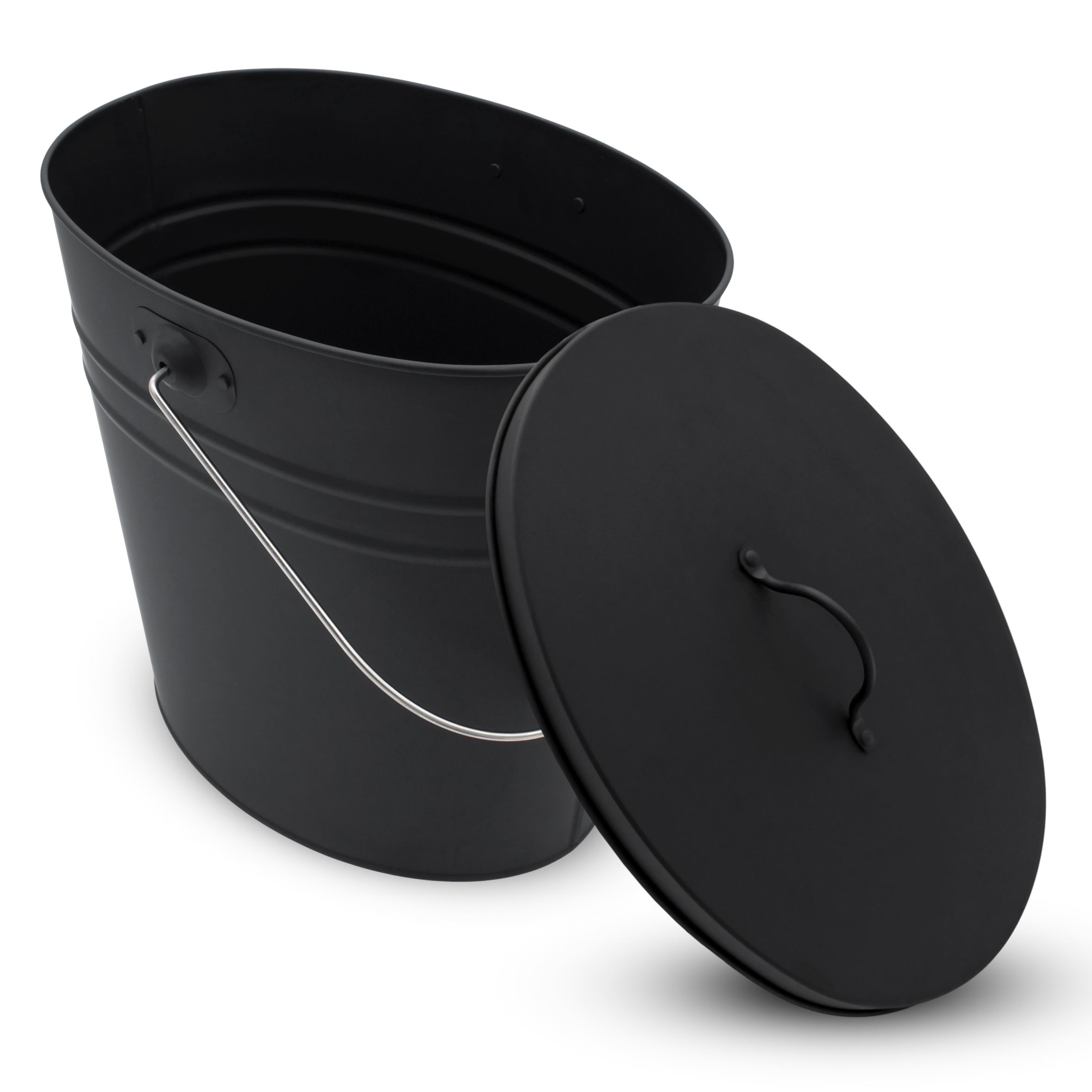 Zink Ascheeimer Oval mit Holzgriff und Deckel 15 L - schwarz - Metall Eimer zum Bepflanzen oder Transportieren