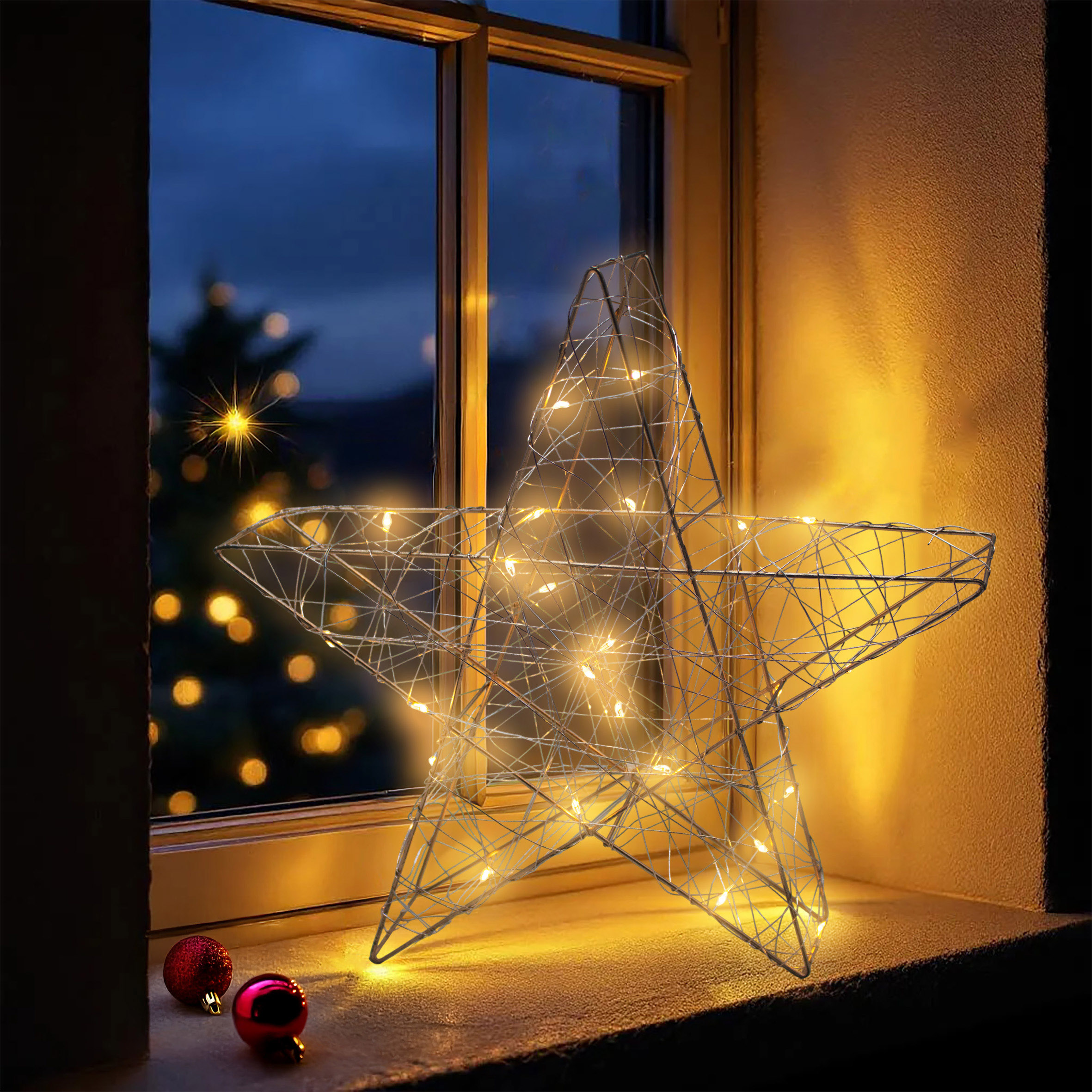 Draht Leuchtstern champagner 30 cm mit Timer - 25 LED - Metall Stern Silhouette warm weiß beleuchtet batteriebetrieben