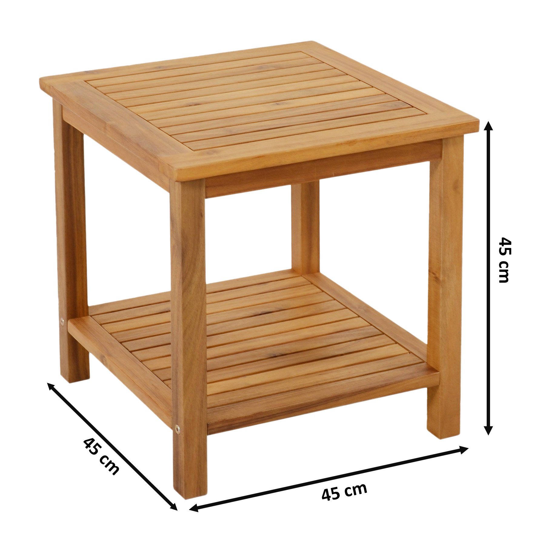 Akazien Beistelltisch IOWA geölt - 45 x 45 cm - Holz Gartentisch mit 2 Ablagen - Couchtisch Bistrotisch Holztisch aus Akazienholz für Balkon Terrasse Garten