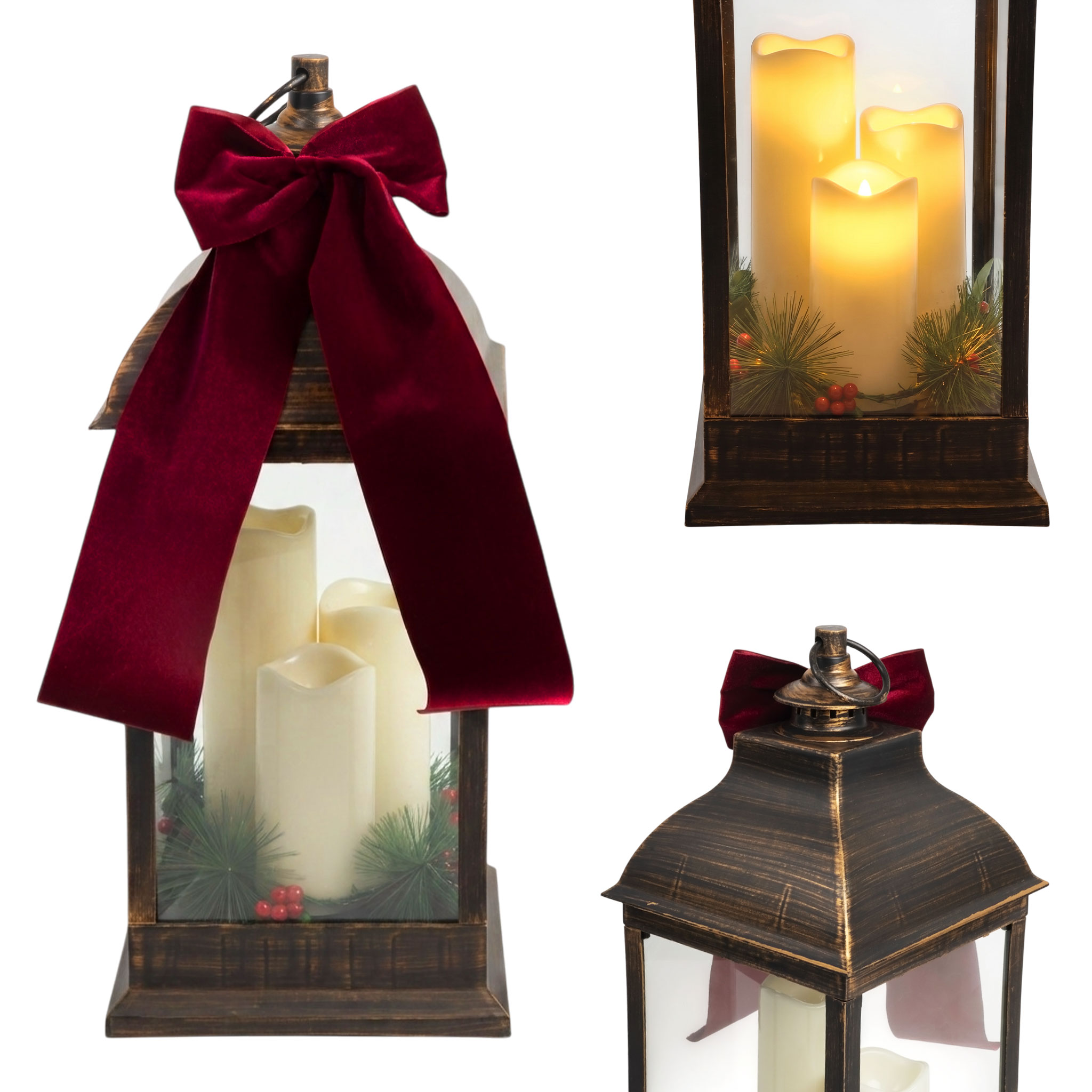XXL Laterne antik bronze mit 3 LED Kerzen mit Timer Funktion für Außen - 60 x 23 cm - Kunststoff Windlicht warm weiß beleuchtet batteriebetrieben