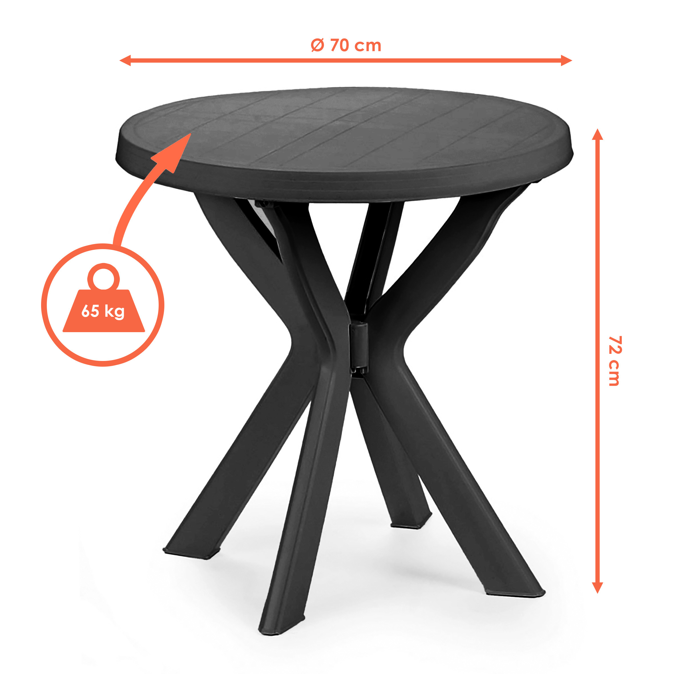 Kunststoff Gartentisch rund anthrazit - 70 cm - Campingtisch im klassischen Design