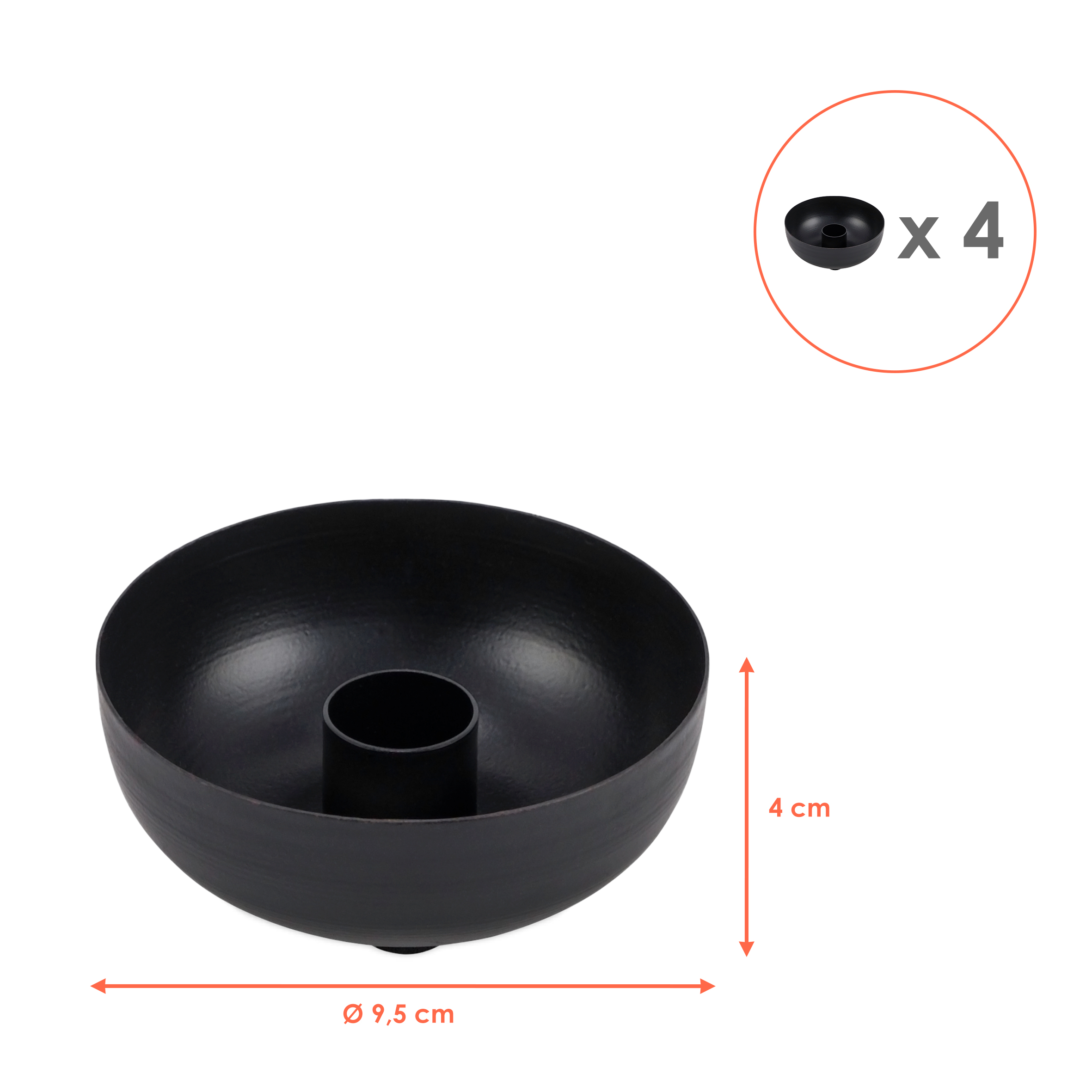Metall Kerzenschale schwarz 4er Set - Ø 9 cm - Schale mit Halter für Stabkerze
