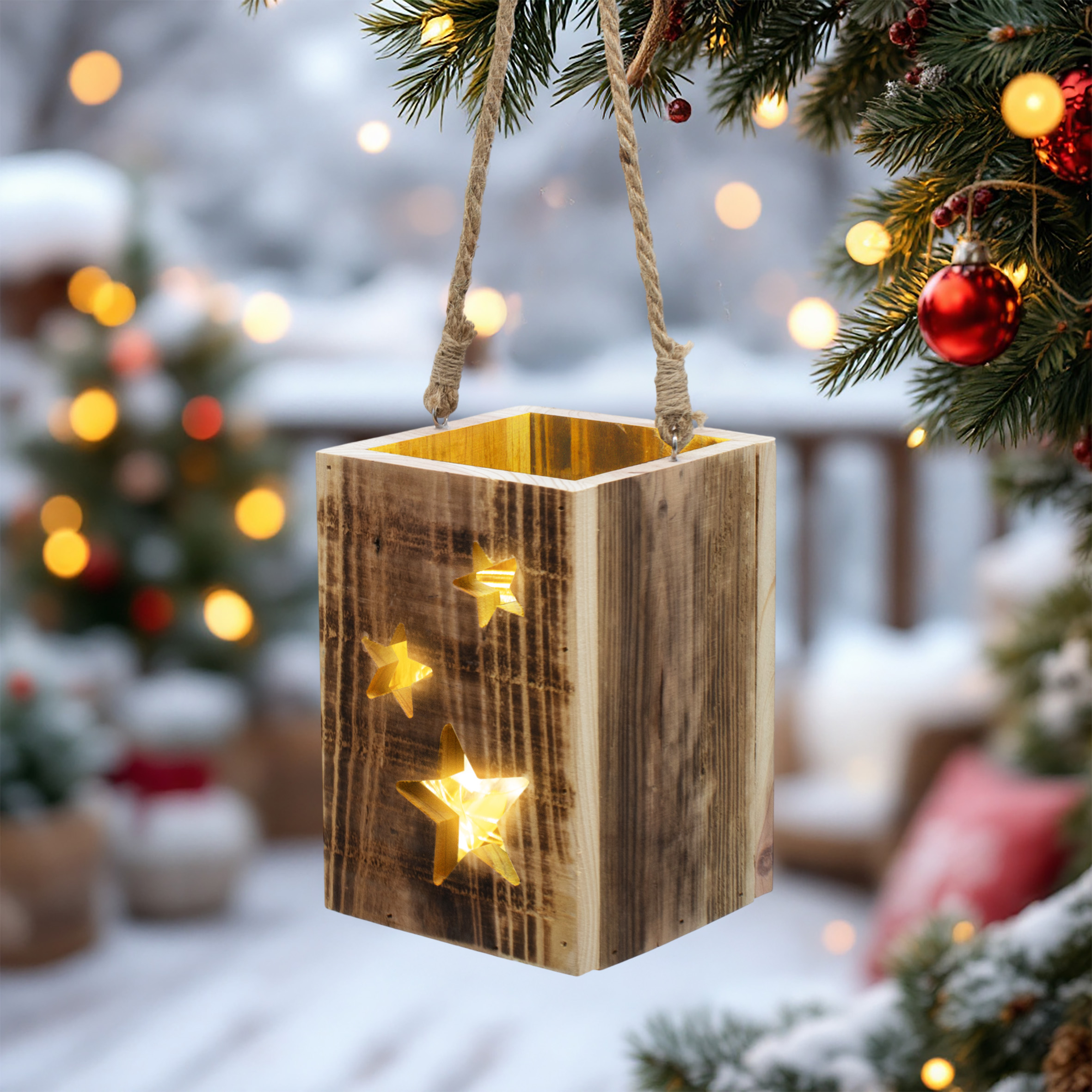 Holz Laterne mit Lichterkette im Glas 20 LED warm weiß - 16 x 11 cm - Hängelaterne mit Kerzenglas und Jutekordel
