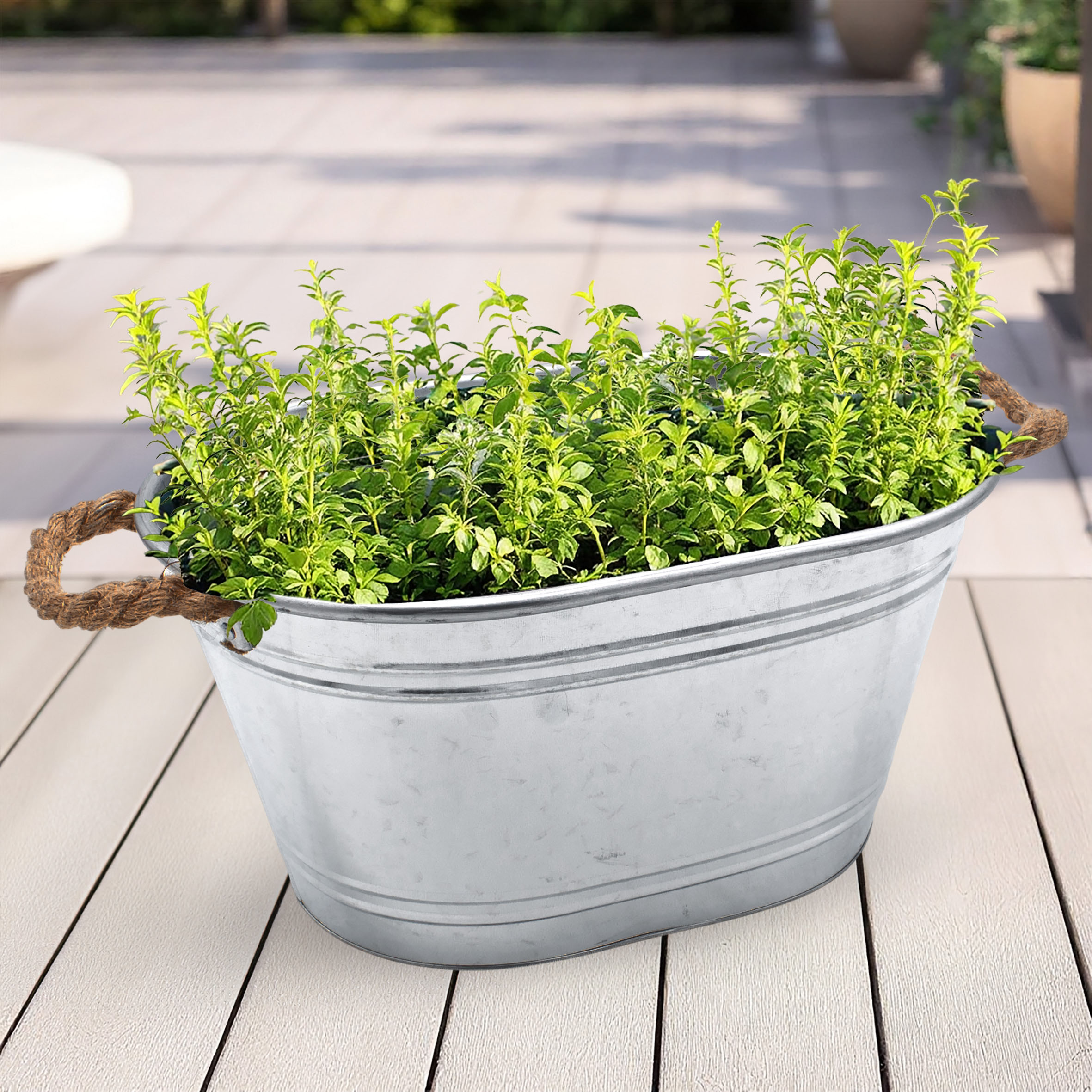 Zinkwanne Blumenkübel mit Griffen aus Jutekordel - 52 x 37 cm - Metallwanne Pflanztopf oval silber verzinkt