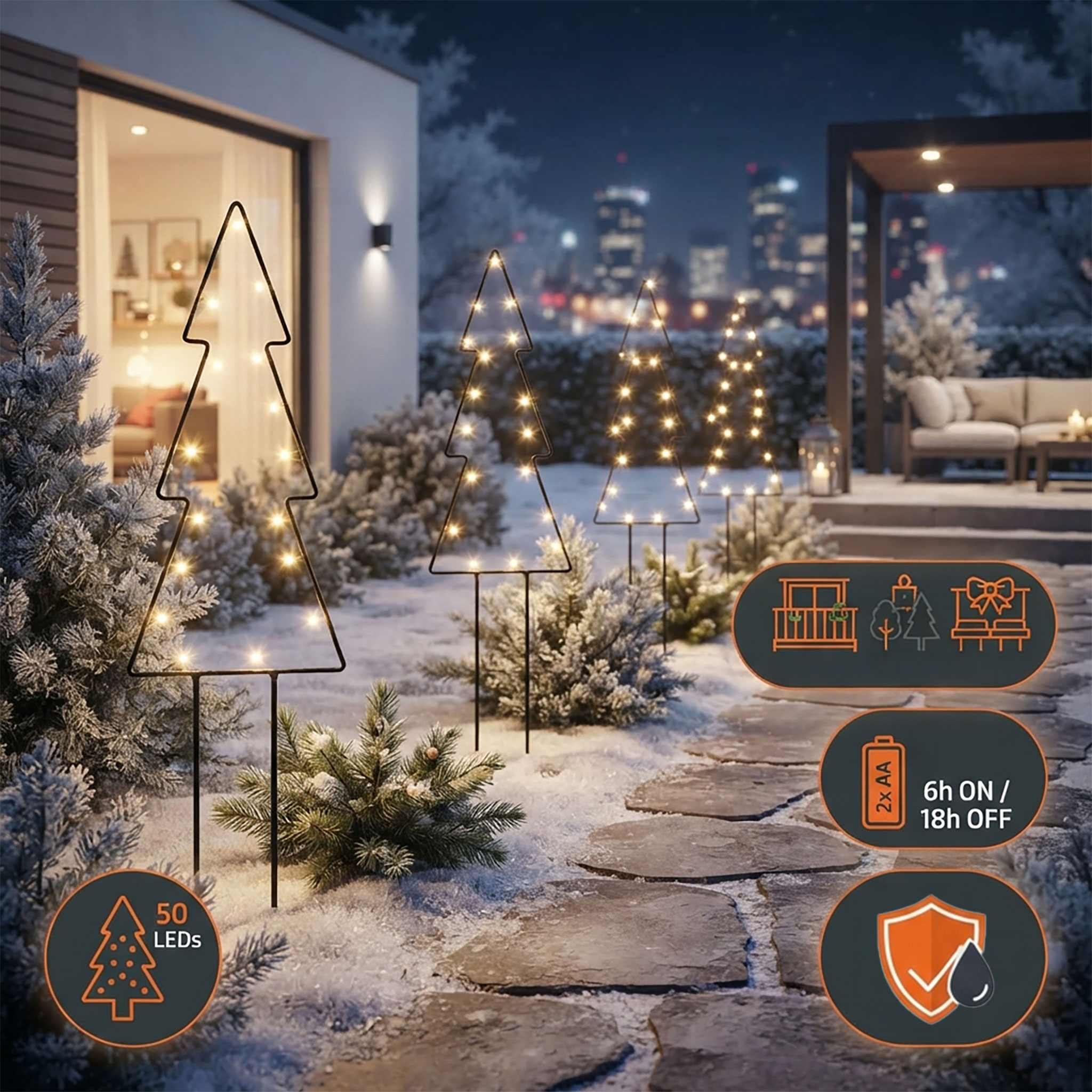 Metall Tanne Gartenstecker schwarz 50 LED mit Timer - 60 cm - Weihnachts Beetstecker warm weiß beleuchtet batteriebetrieben mit Erdspieß