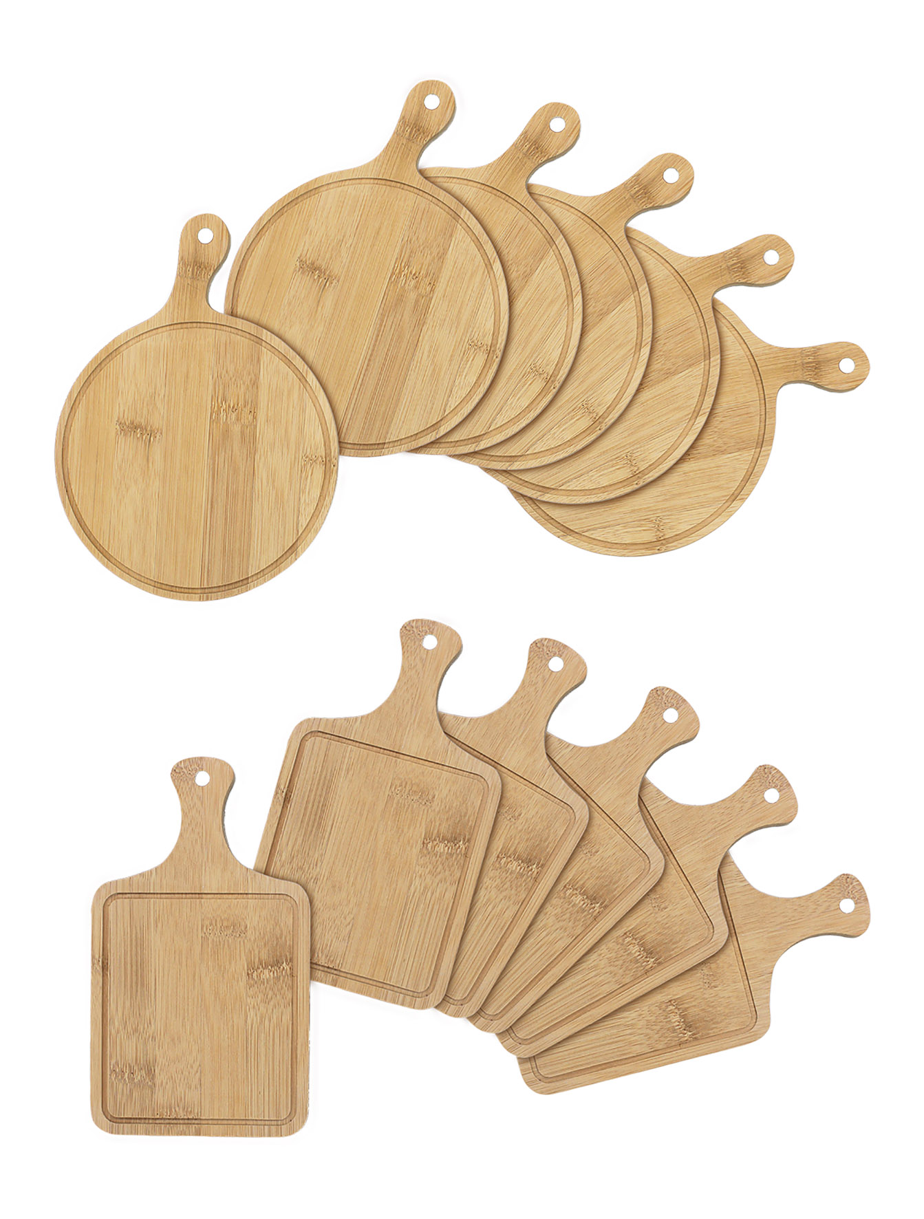 Bambus Servierbrett Mini 6er Set - rund oder eckig - Kleines Holz Servierplatte für Snacks und Tapas - Brettchen mit Griff für Vorspeise Antipasti Servier Tablett