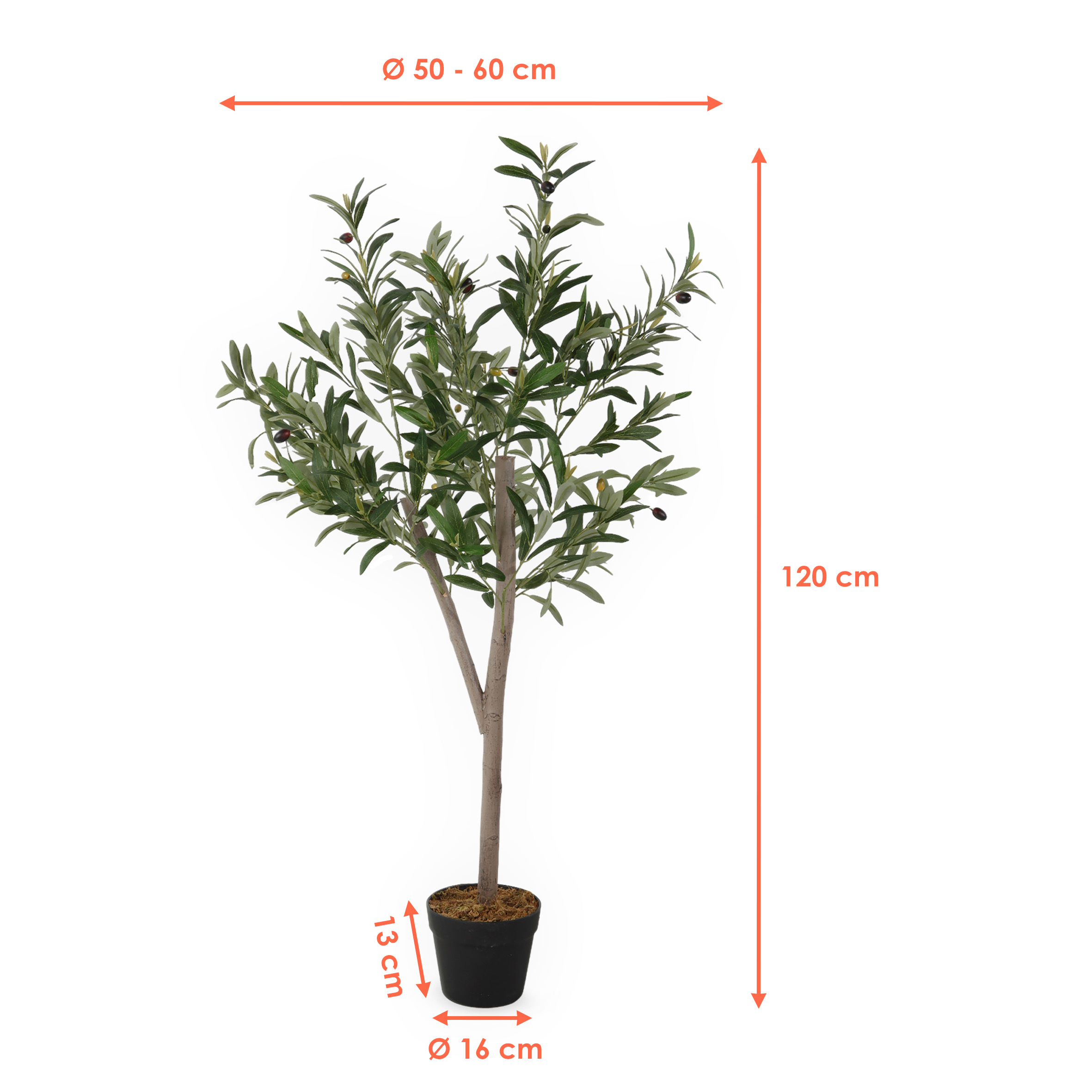 Olivenbaum Kunstpflanze im schwarzen Topf mit 20 Oliven - 120 x 60 cm - Künstlicher Baum im Blumentopf mit 580 Blättern