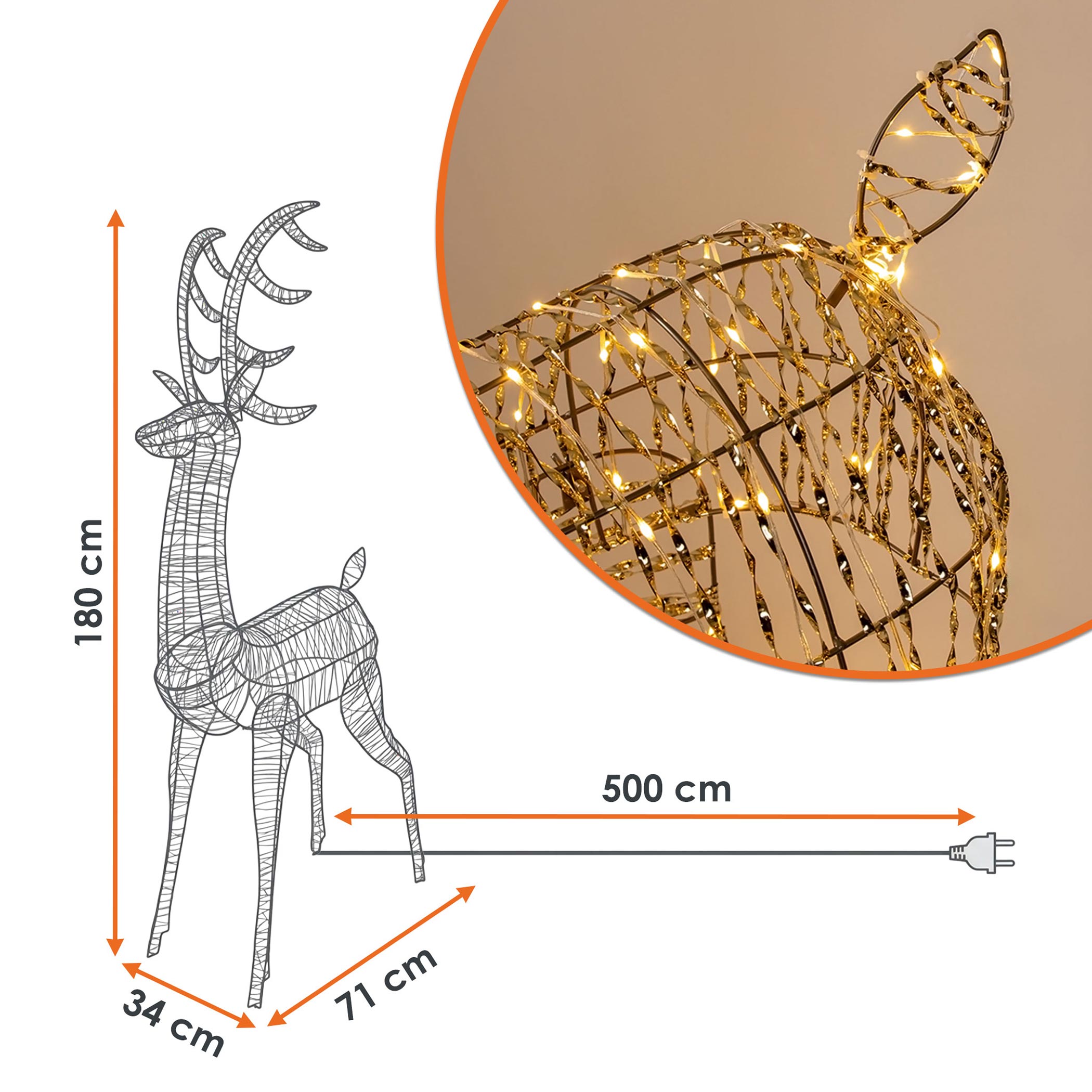 XL LED Rentier gold mit Twinkle Effekt für Außen - 180 cm - Weihnachts Dekofigur mit 300 funkelnden LEDs in warm weiß