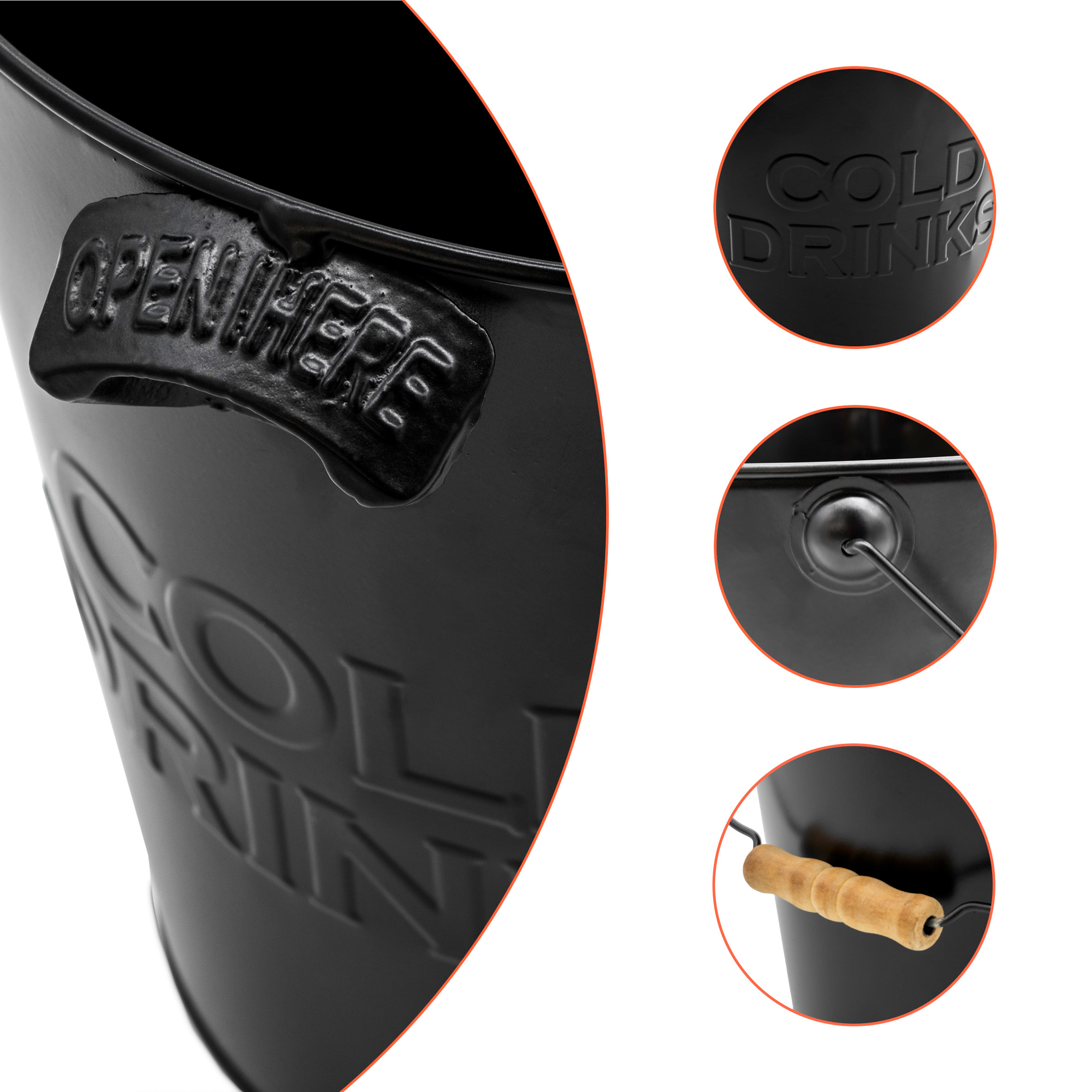 Zink Eiseimer mit integriertem Flaschenöffner - schwarz - Metall Getränkekühler 22 cm mit Holzgriff