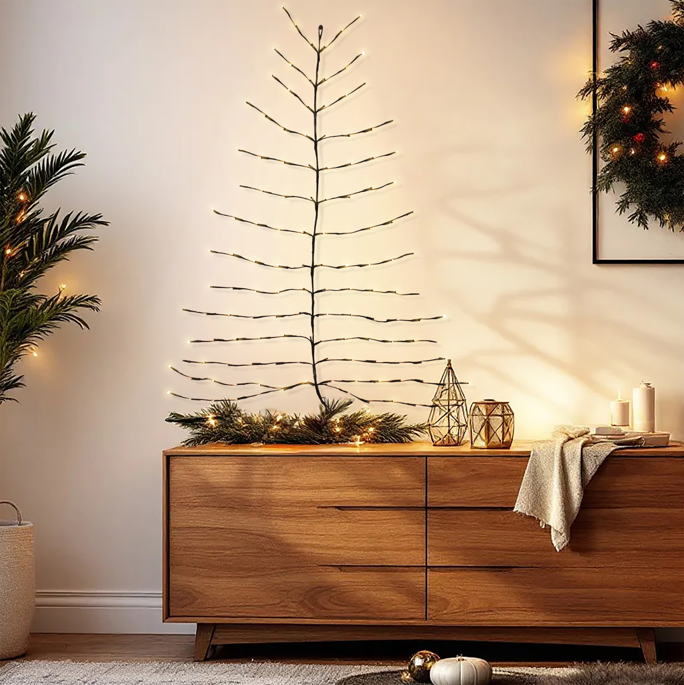 LED Weihnachtsbaum Wandbild für Außen mit Netzstecker - 136 LED - Wandbaum 120 x 100 cm warm weiß beleuchtet