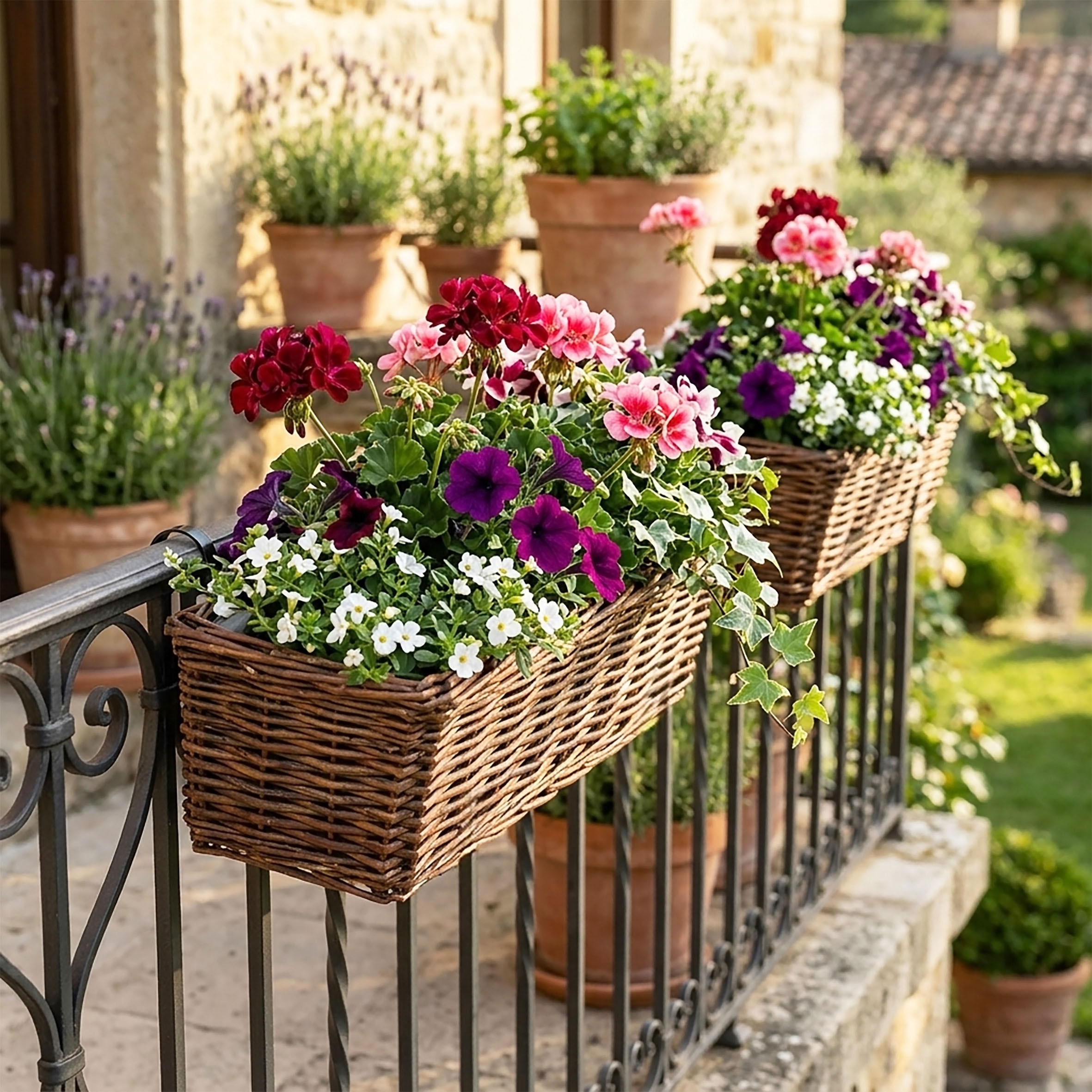Rattan Balkonkasten 2er Set eckig mit Folie natur dunkel - 60 x 19 cm - Rattan Blumenkasten mit Aufhängung für Geländer bis 3,5 cm