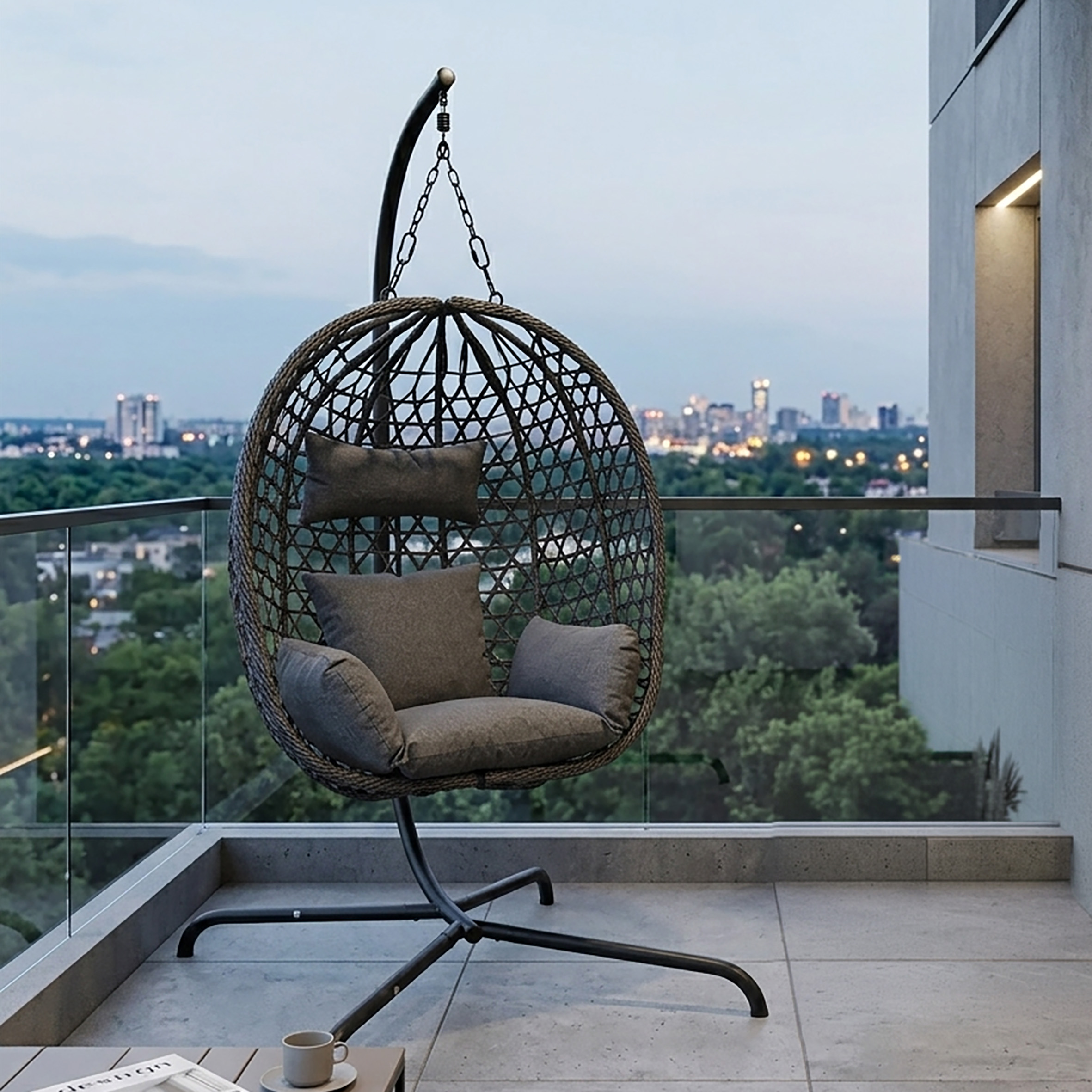 Outdoor Hängesessel mit Gestell und Standfuß 194 x 104 cm - anthrazit - Polyrattan Hängestuhl mit Sitz-und Kopfkissen für Außen und Innen