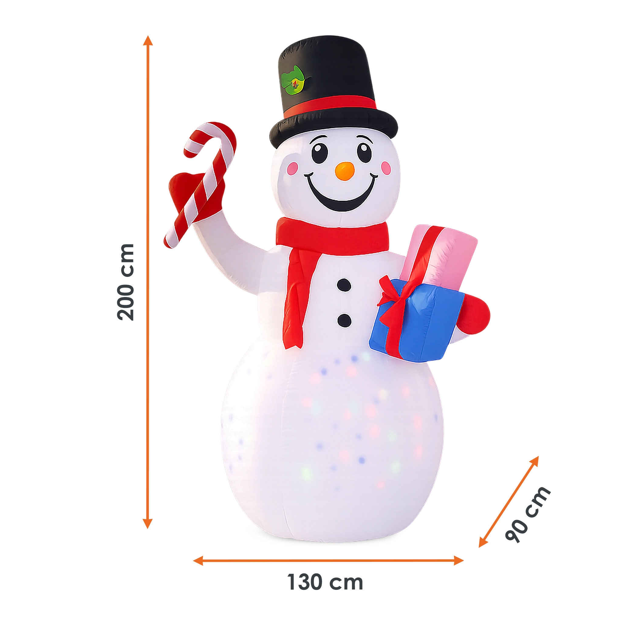 Aufblasbarer XL Schneemann mit LED Beleuchtung und Stecker für Außen und Innen - 200 x 130 cm - Riesen Schneefigur selbstaufblasend bunt beleuchtet