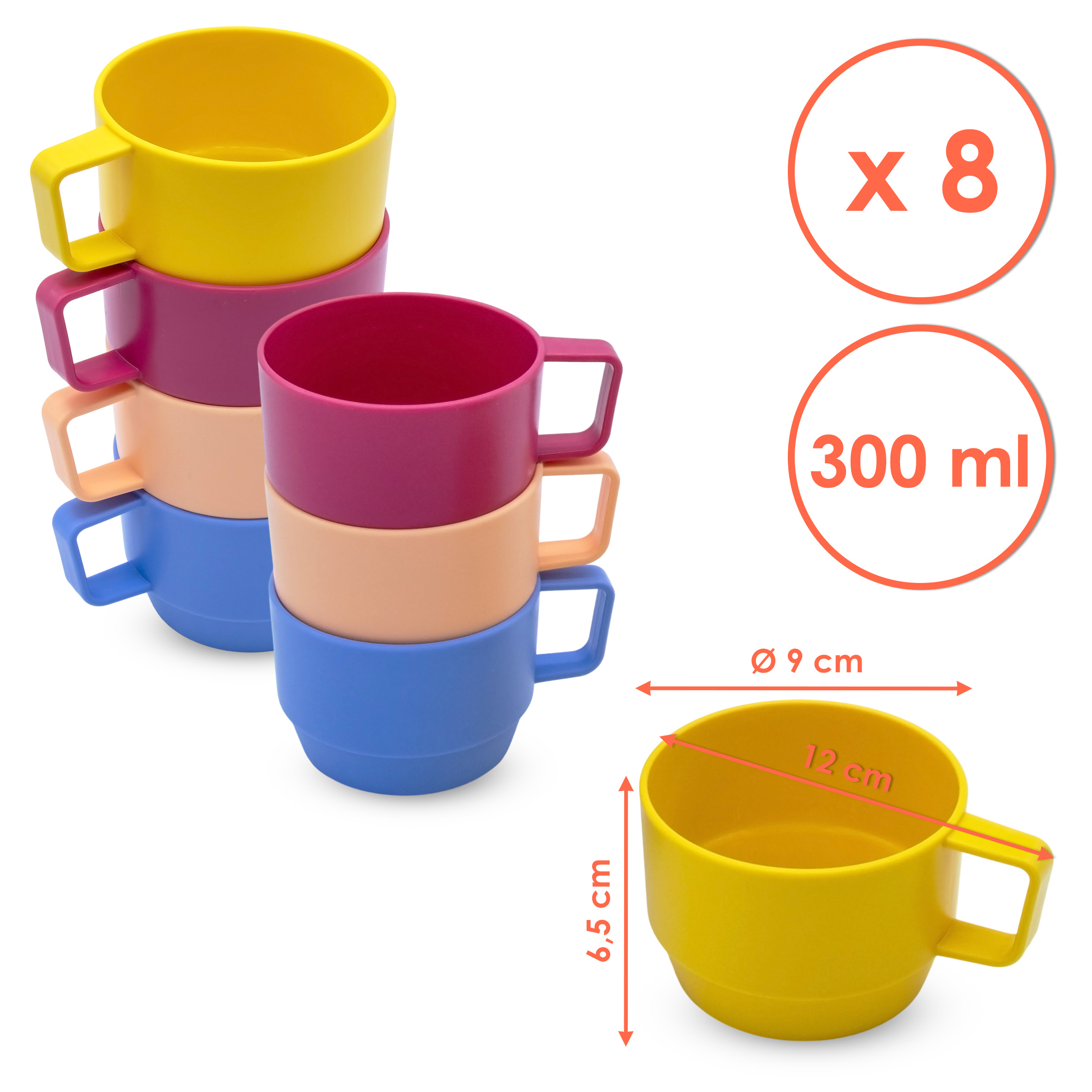 Mehrweg Kunststoff Becher 8er Set bunt spülmaschinenfest - 300 ml - Camping Tasse bruchsicher mehrfach wiederverwendbar