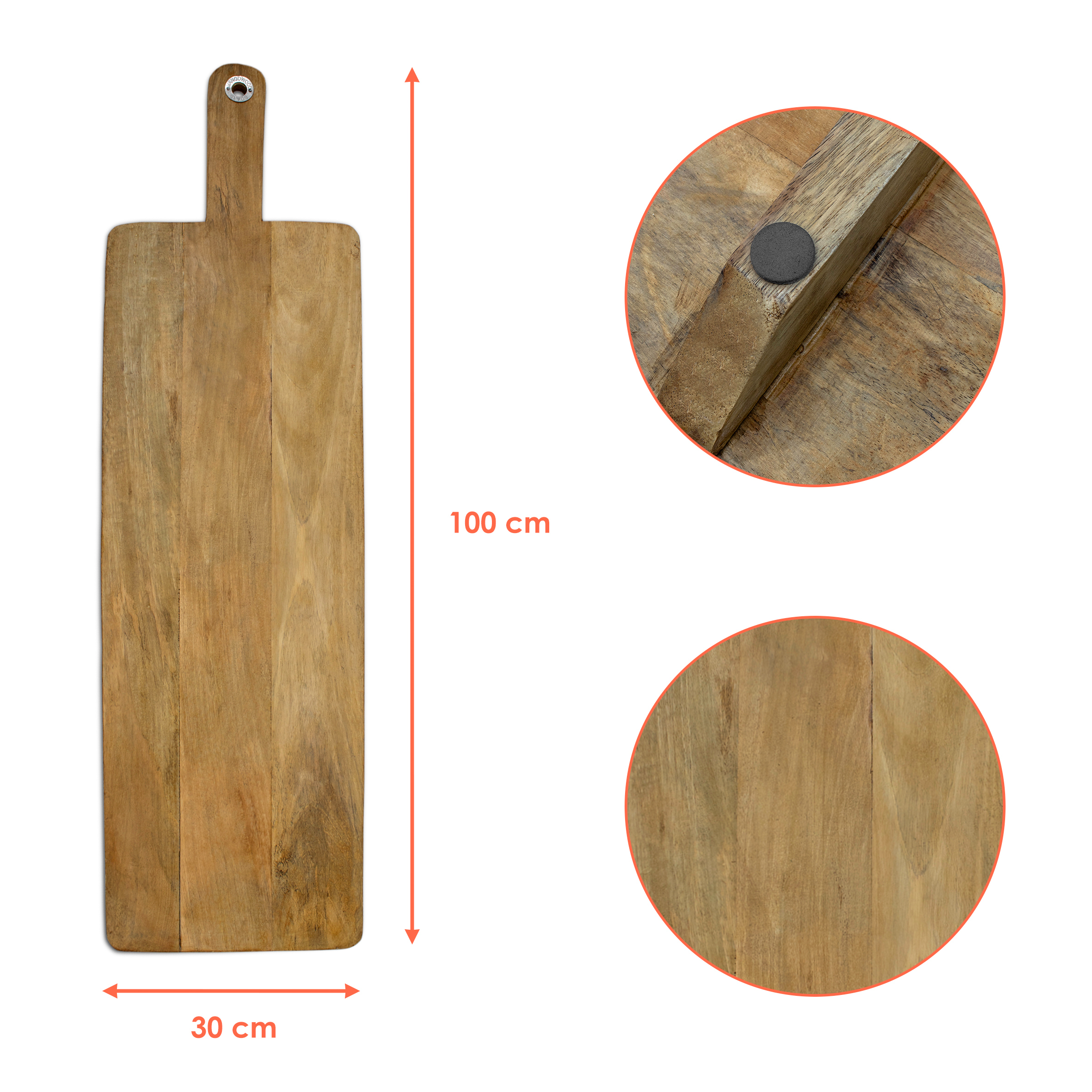 XXL Mango Servierbrett natur mit Griff - 100 x 30 cm - Holz Tapas Brett groß mit Standfuß