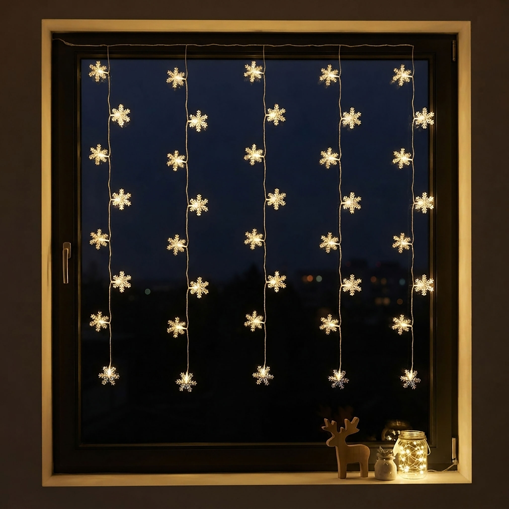 Schneeflocke Lichtervorhang - 40 LED / 100 cm - Weihnachten Fenster Deko mit Timer