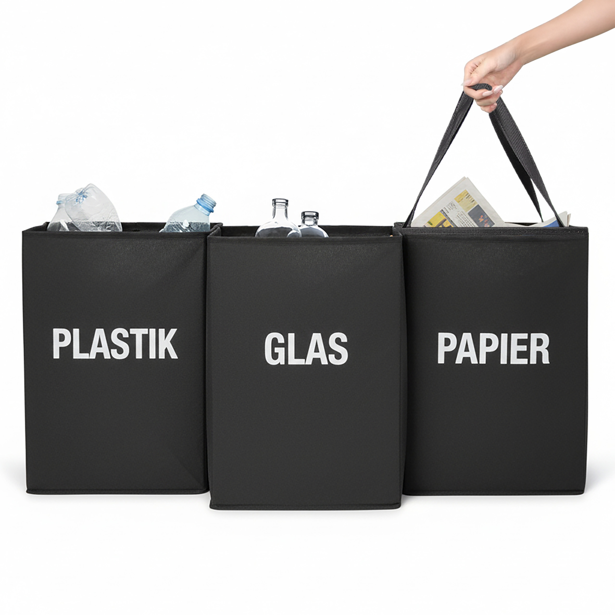 Mülltrennsystem Taschen mit Transportgriffen wiederverwendbar - 3x 38 L - Recycling Behälter Set für Plastik Glas Papier