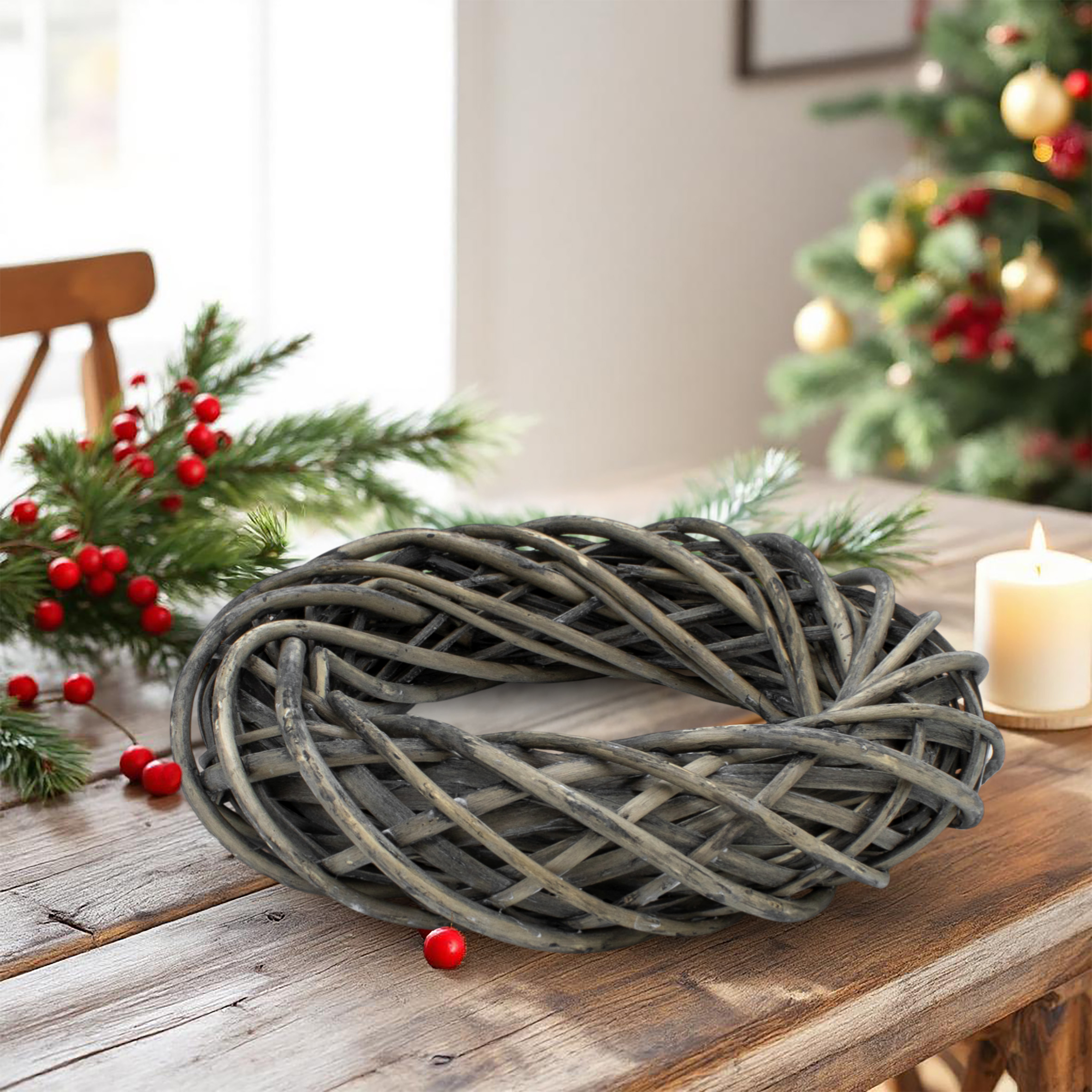 Deko Kubu Rattankranz grau - 30 cm - Weidenkranz zum Dekorieren