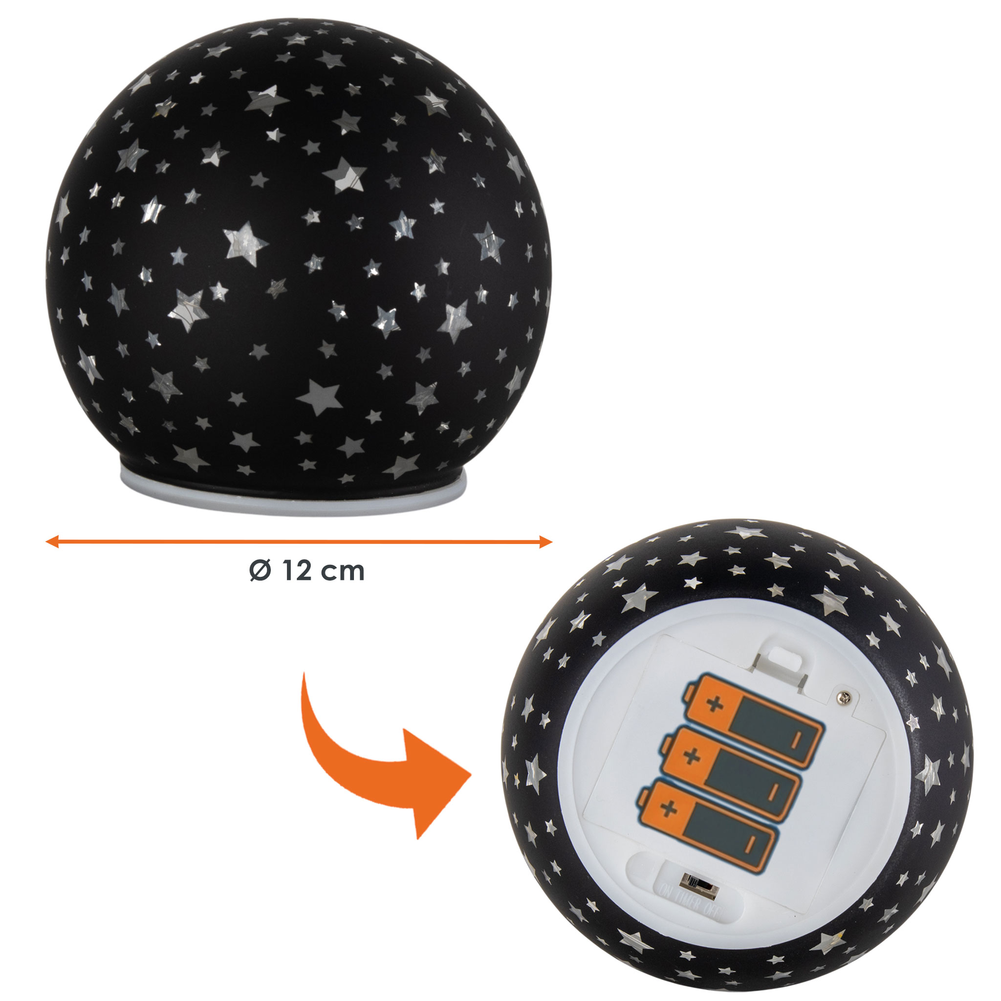 LED Glas Weihnachtskugel matt schwarz zum Stellen mit Timer - 12 cm - Leuchtkugel mit Sternen warm weiß beleuchtet batteriebetrieben