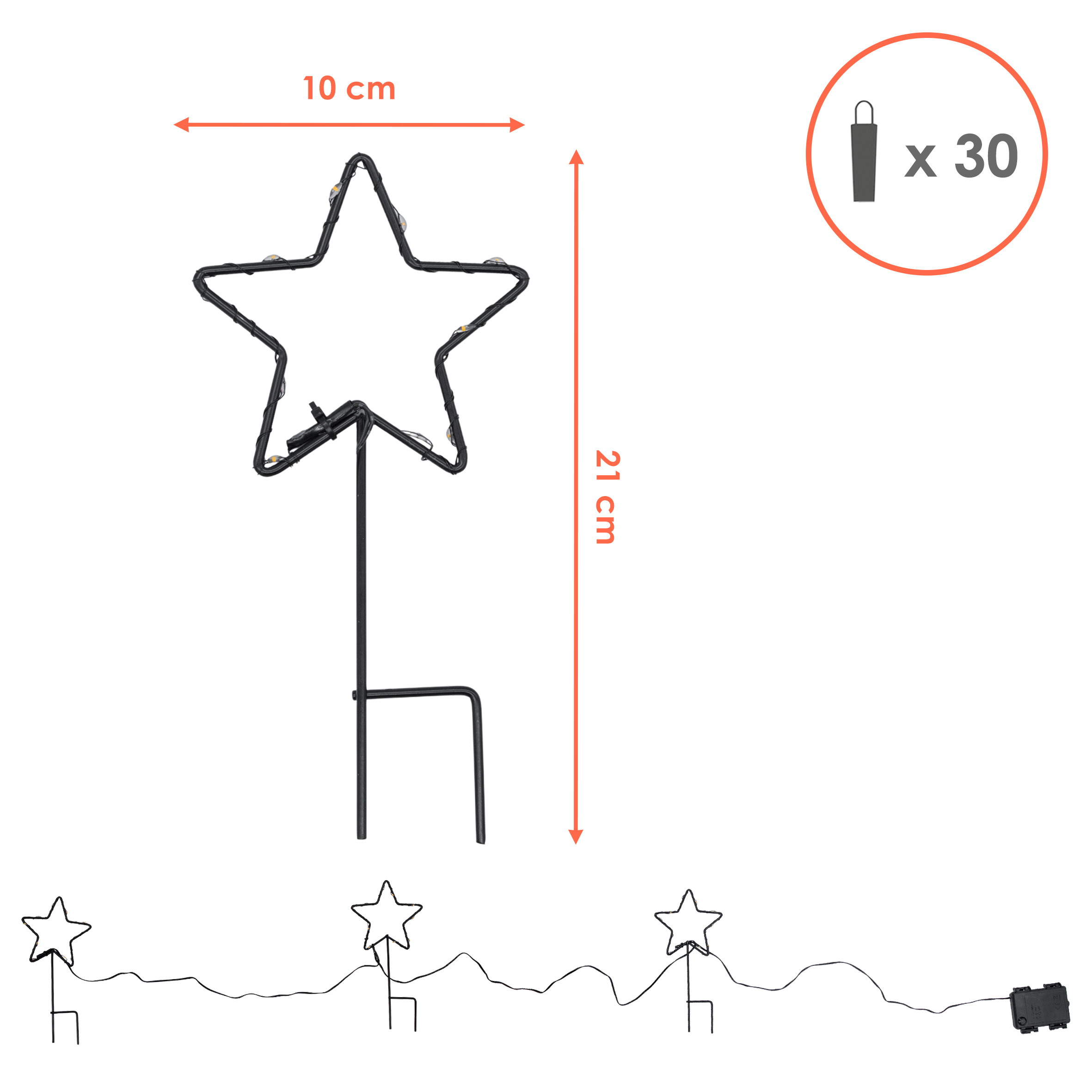 Metall Leuchtstern Gartenstecker 3er Set schwarz 30 LED mit Timer - 21 cm - Weihnachts Beetstecker soft gold beleuchtet mit Erdspieß batteriebetrieben
