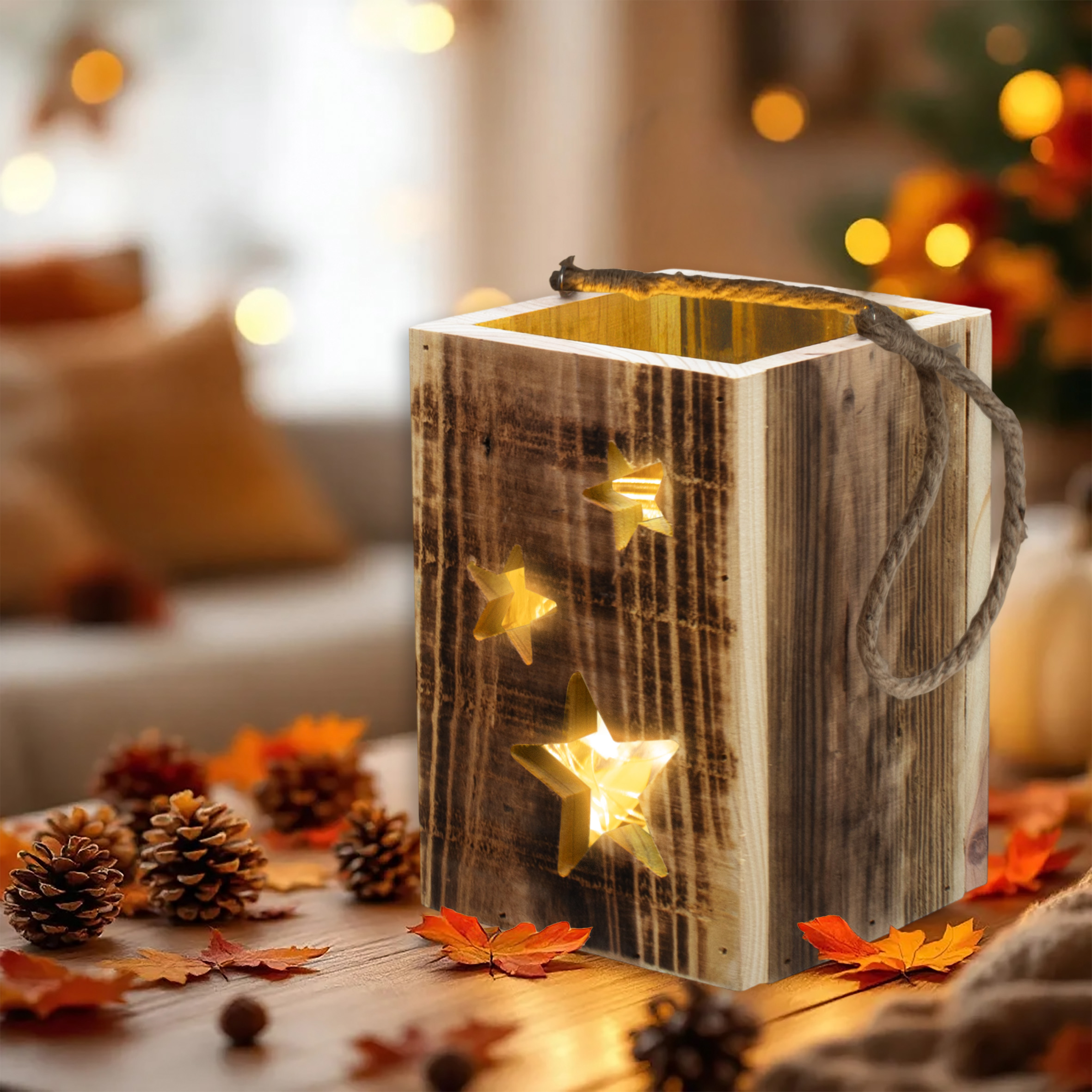Holz Laterne mit Lichterkette im Glas 20 LED warm weiß - 16 x 11 cm - Hängelaterne mit Kerzenglas und Jutekordel