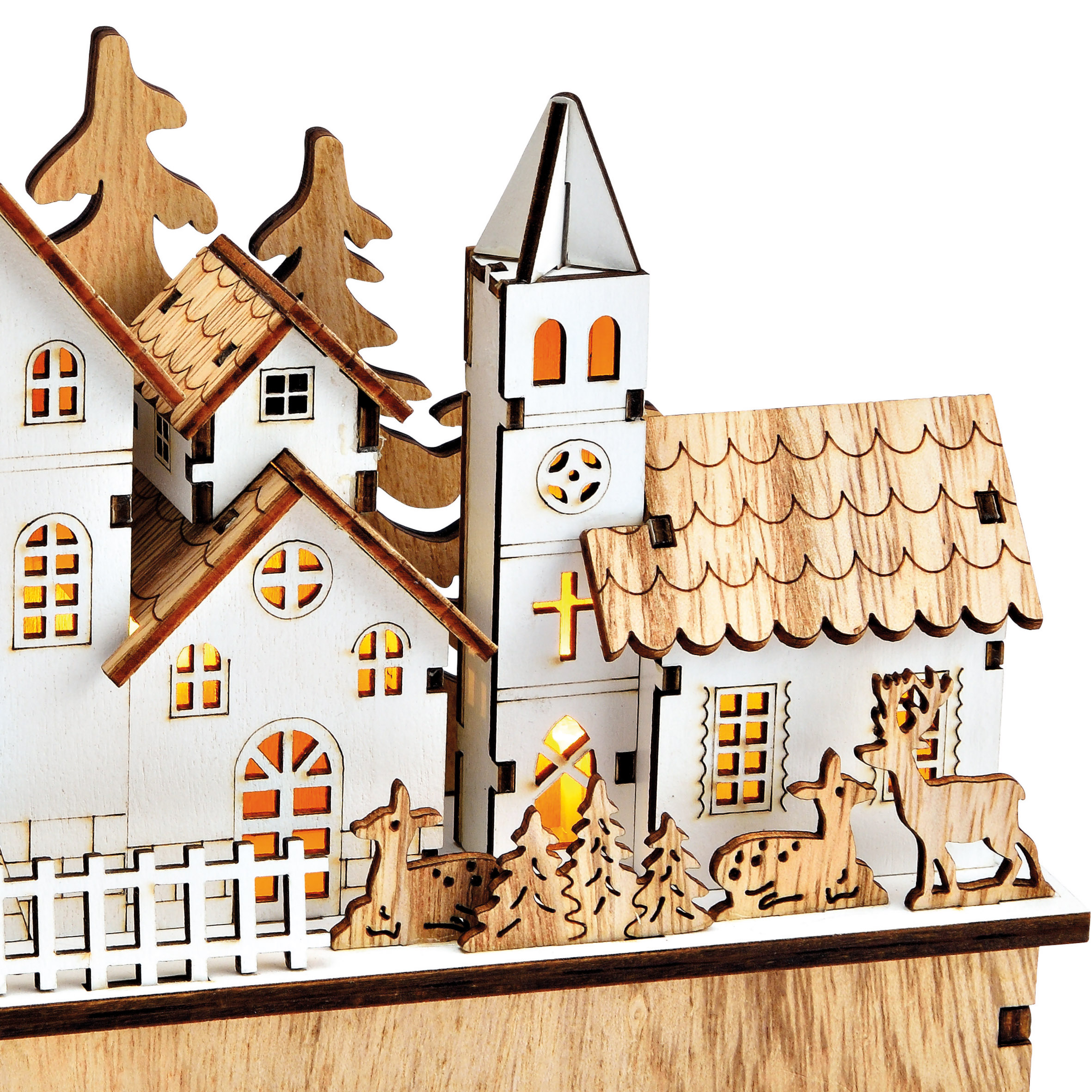 LED Holz Winterstadt Aufsteller warm weiß beleuchtet - 30 x 14 cm - Weihnachtsdorf Szene Tischdekoration Batterie betrieben