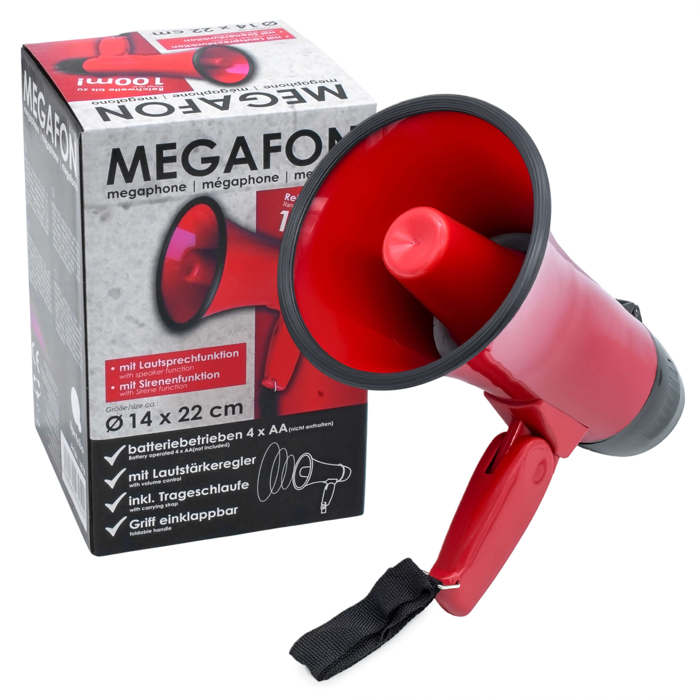 Megafon mit Sirene - 22 x 14 cm - Mikrofon Spachrohr mit Tragegurt