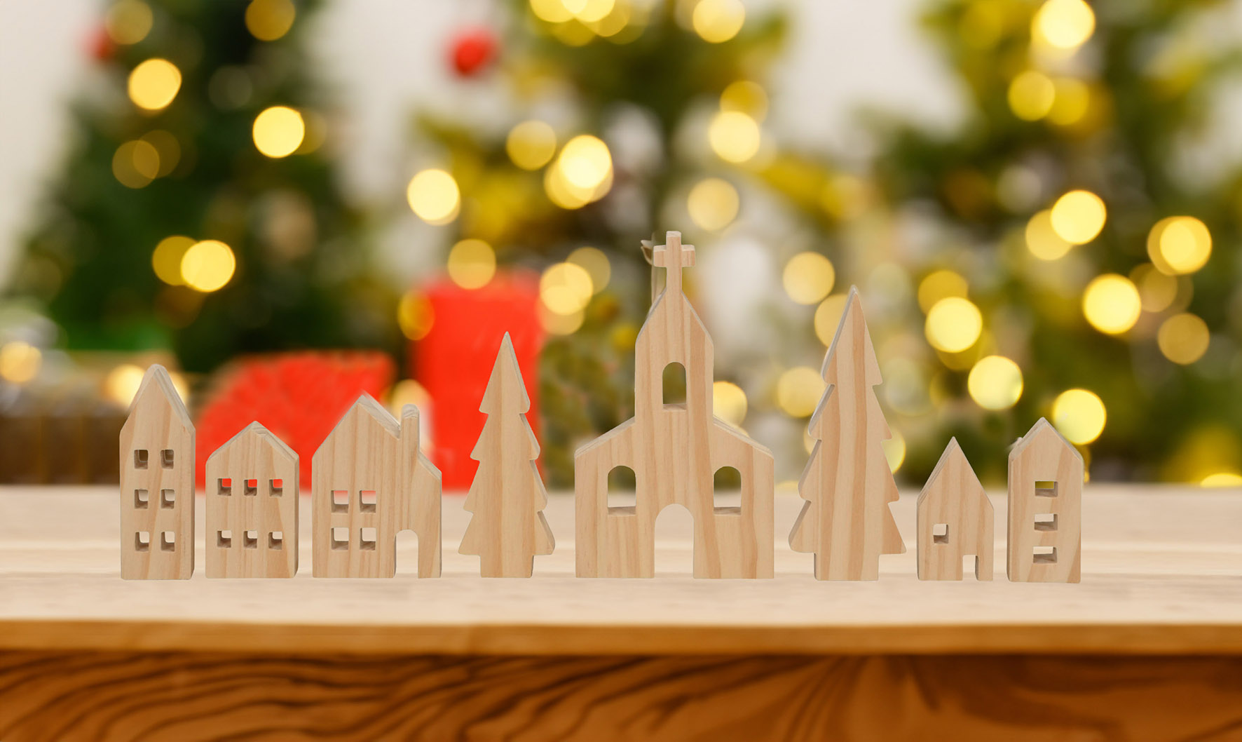 Holz Deko Figuren Set - Dorf oder Wald / natur oder weiß - Holzfiguren Weihnachts Tischdeko - Weihnachtsdorf Winterwald