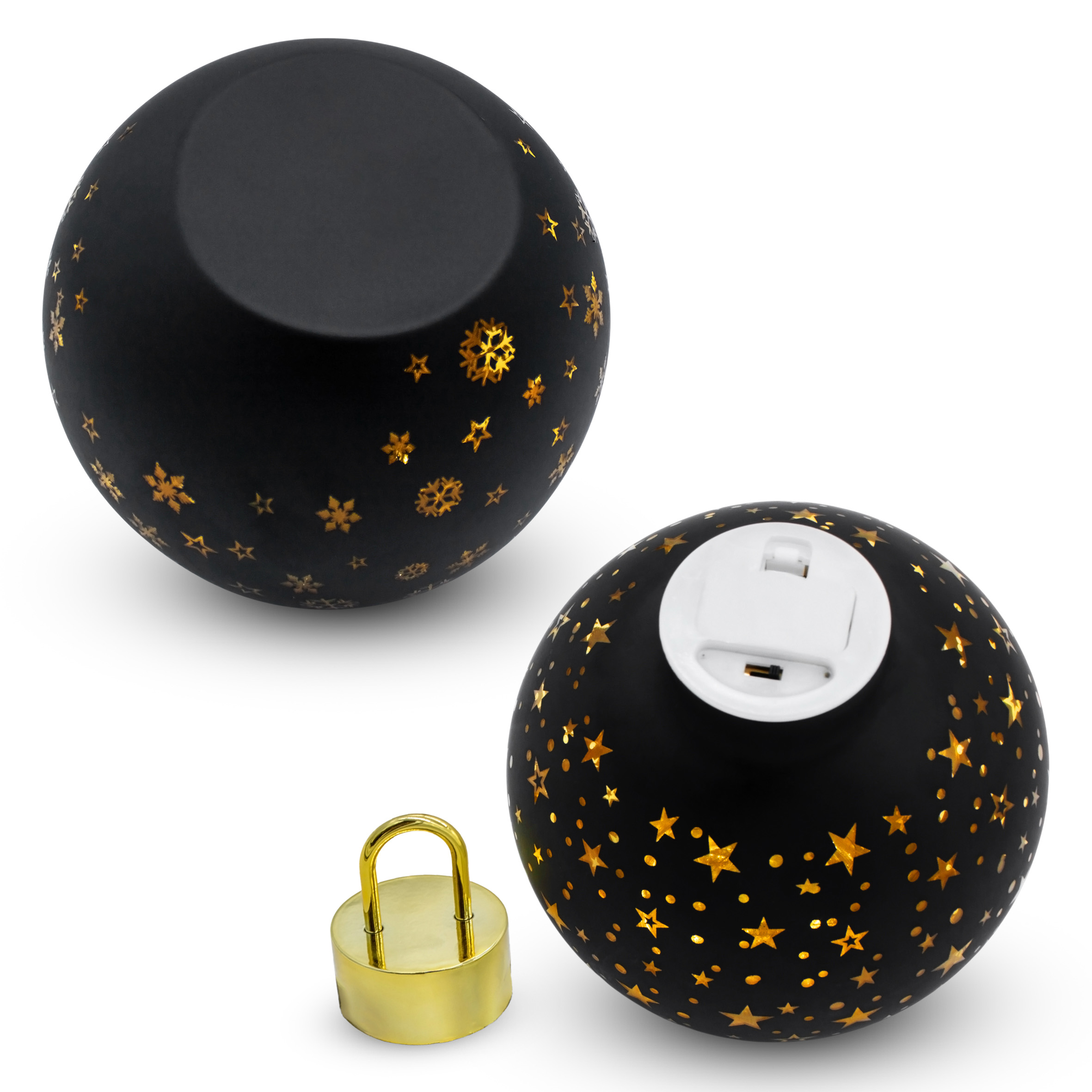 LED Weihnachtskugel zum Stellen matt schwarz mit Timer Batterie betrieben - 15 cm - Glaskugel warm weiß beleuchtet 1 Stück Leuchtkugel mit Zufallsmotiv