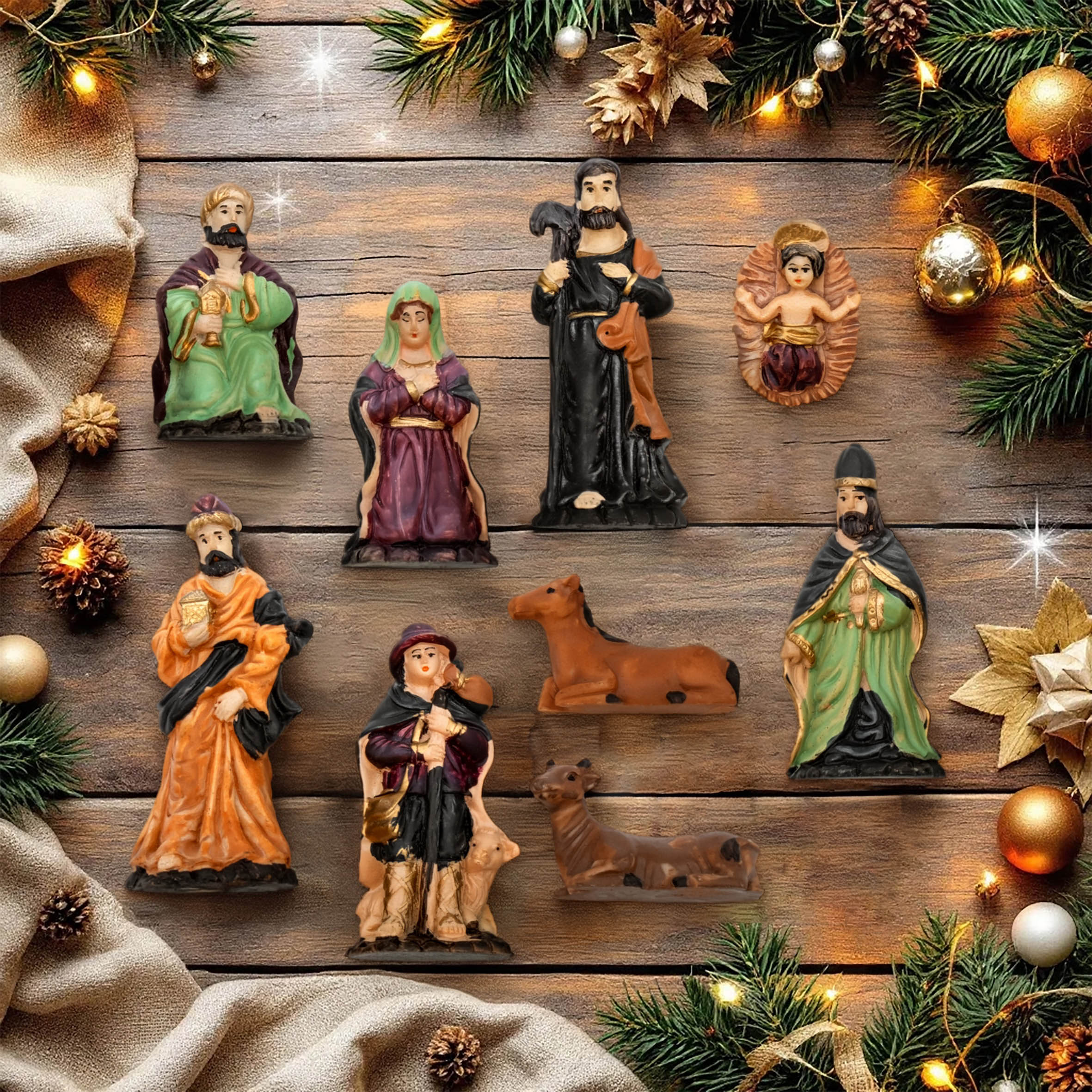 Weihnachtskrippe Figuren 9er Set - Größe L / 4,5 cm bis 11 cm - 9 detailgetreue Krippen Figuren