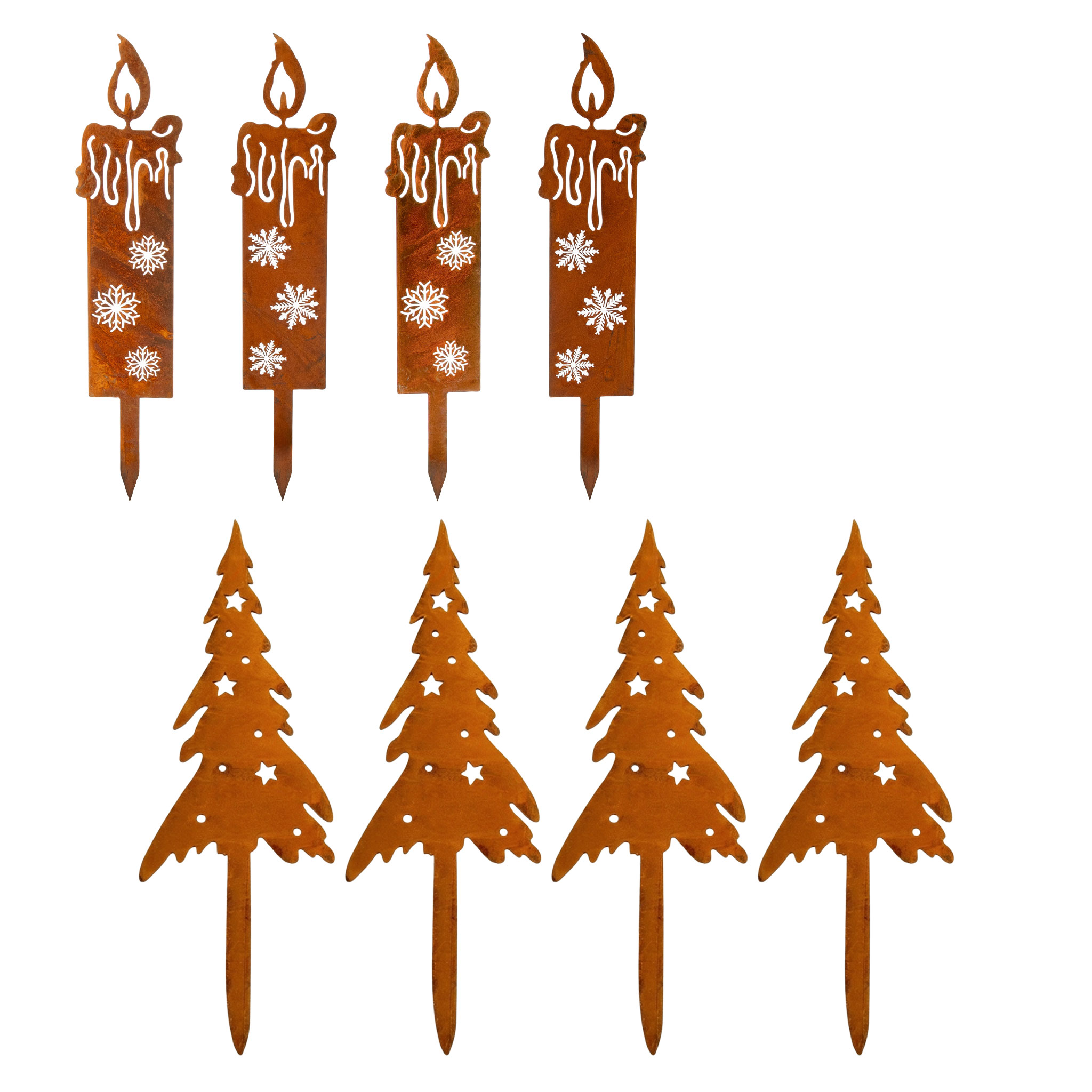 Gartenstecker Tannenbaum und Kerze mit Edelrost 8er Set - 4x 28 cm | 4x 24 cm - Weihnachts Pflanzenstecker aus Metall mit Rost Patina