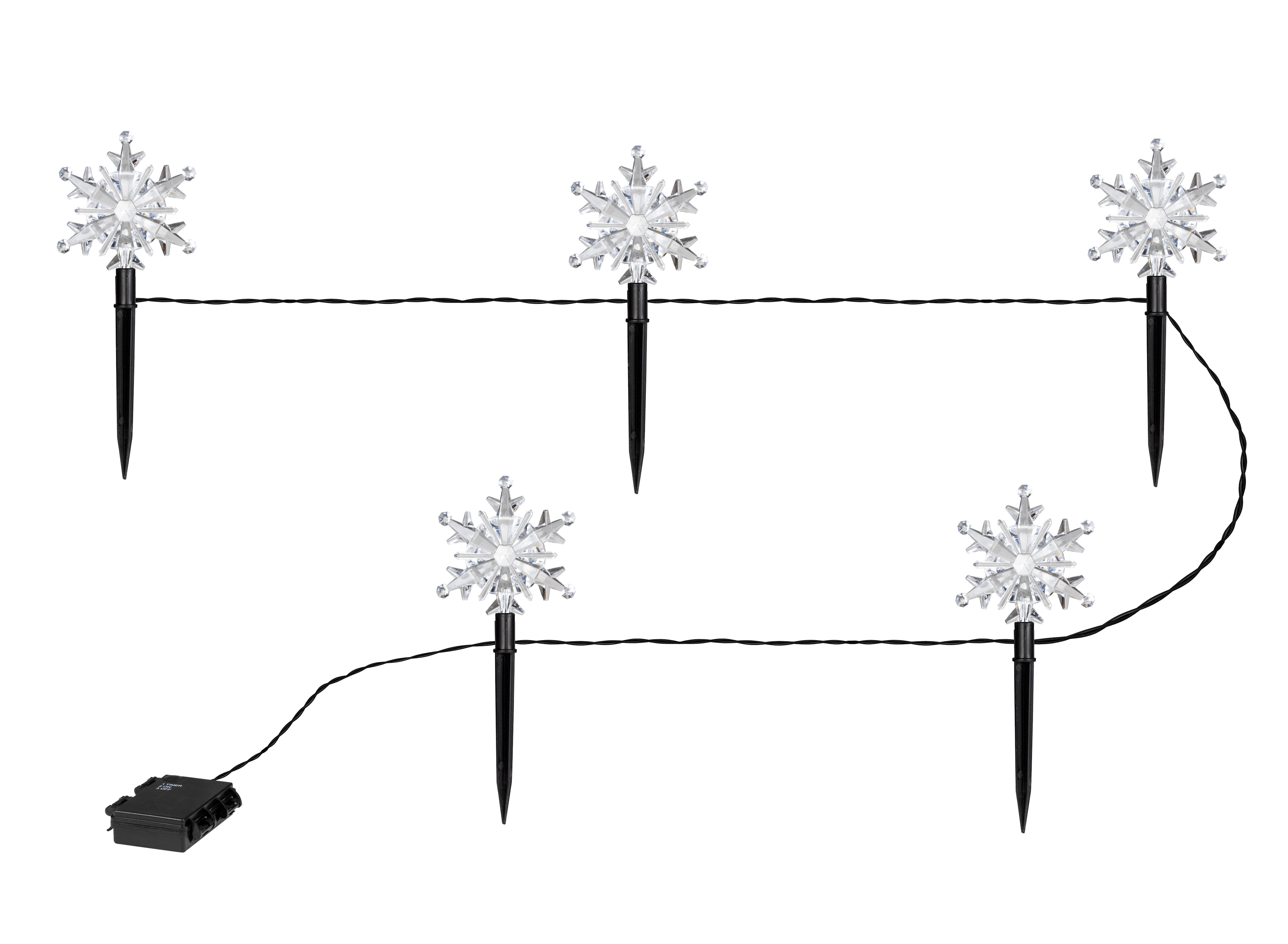 LED Gartenstecker Schneeflocken kalt weiß mit Timer - 5er Set / je 21 cm - Weihnachts Garten Deko Beleuchtung