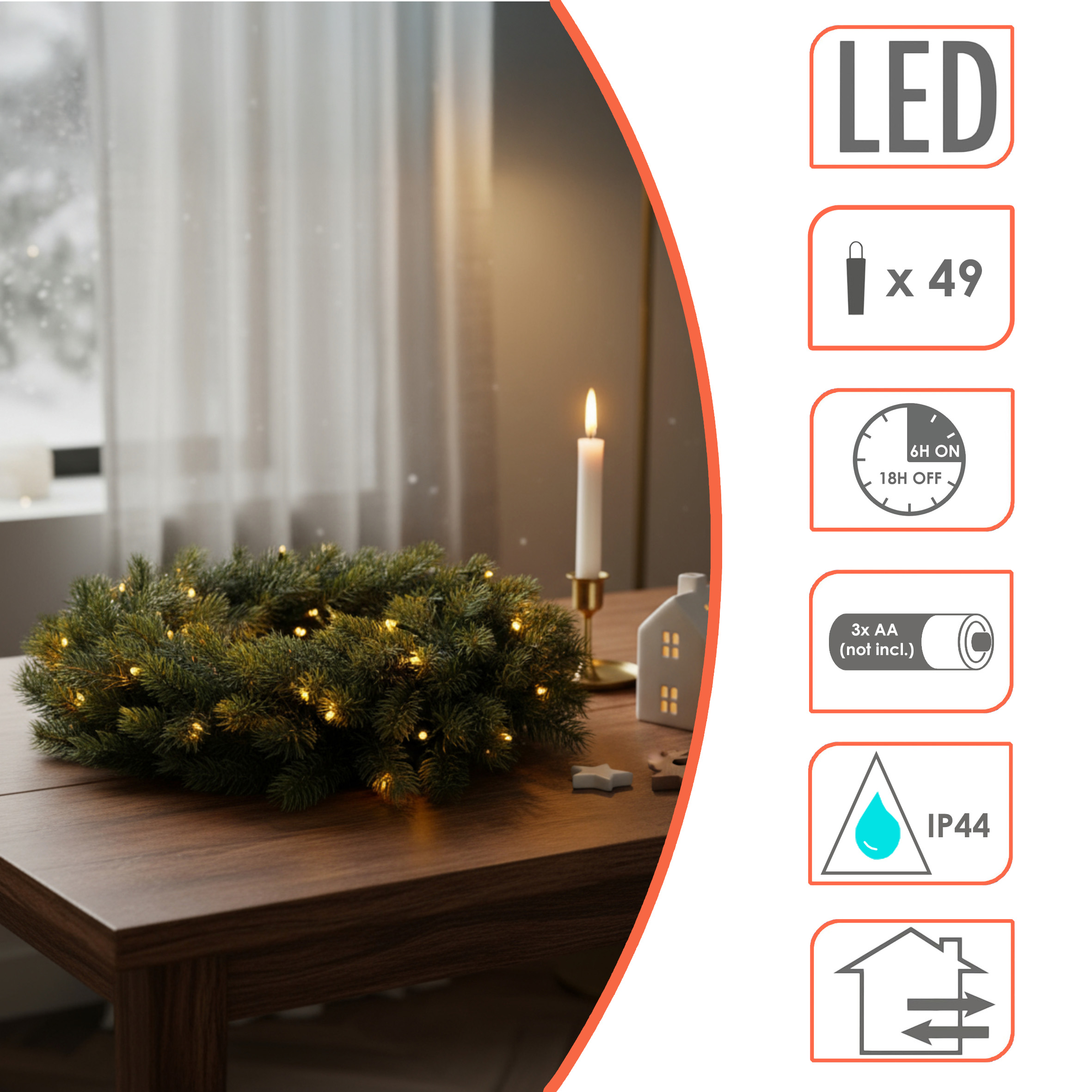 Kunst Tannenkranz 40 cm warm weiß beleuchtet für Außen mit Timer - 49 LED - Adventskranz halbgebunden aus Spritzguss mit Beleuchtung batteriebetrieben