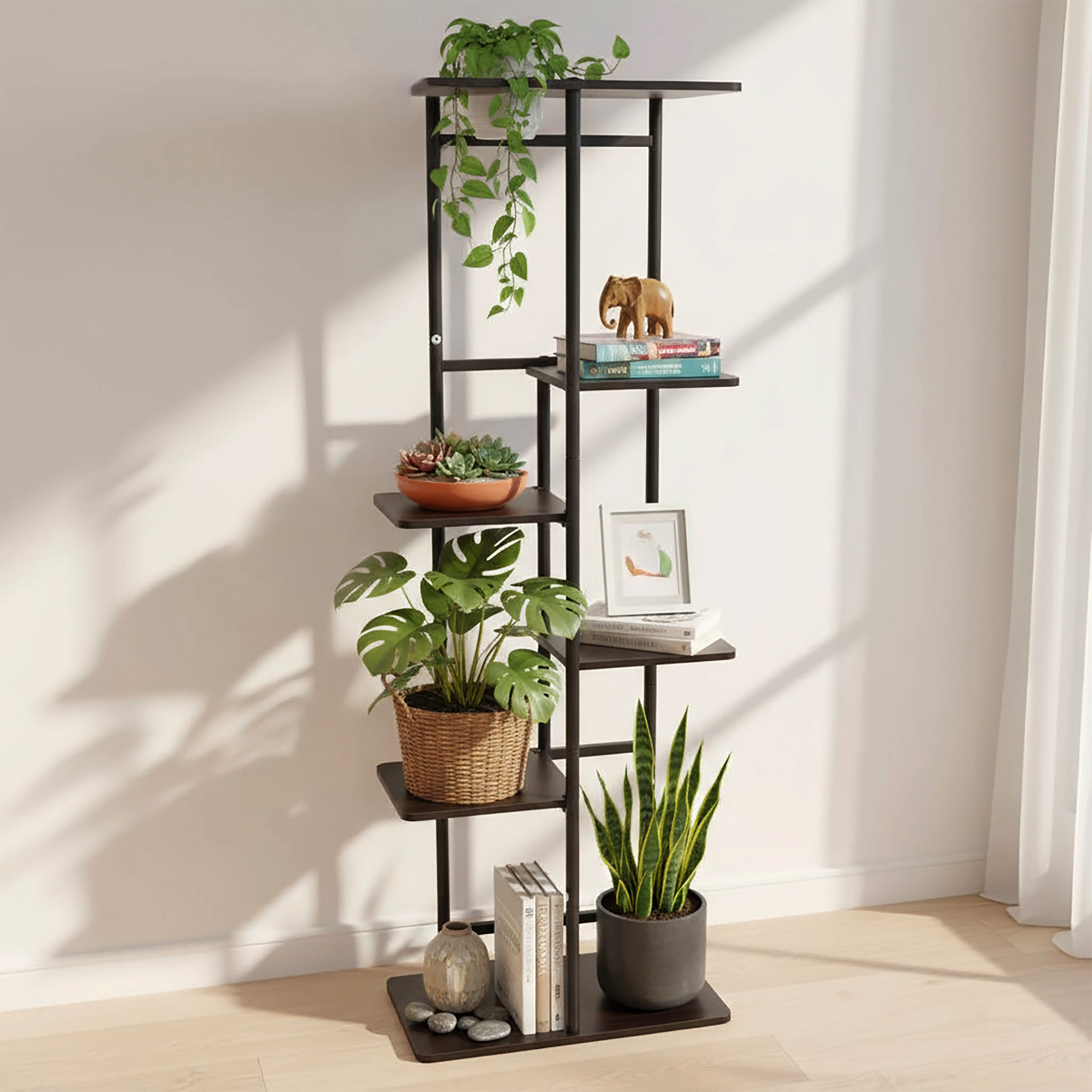 Metall Pflanzenständer schwarz mit 5 Ebenen aus Holz - 106 x 35 cm - Blumenregal für Innen inklusive 10 Bambus Pflanzenschilder
