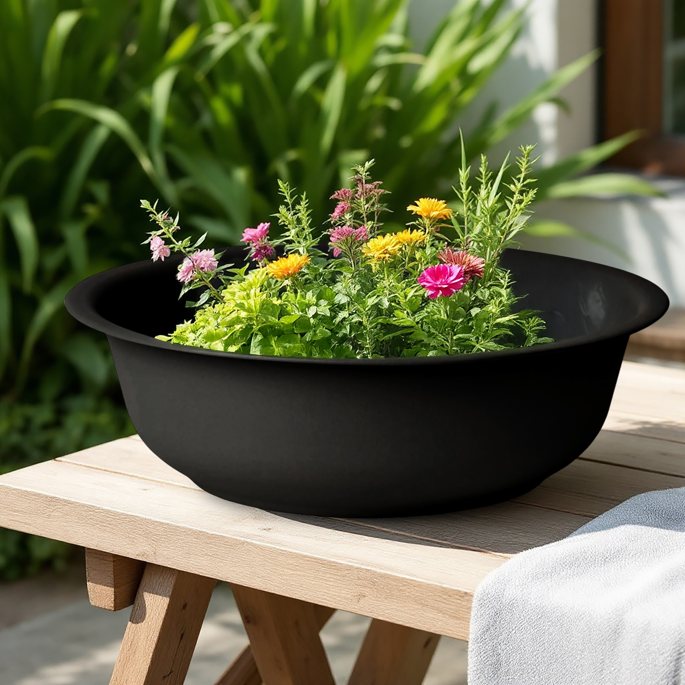 Mini Gartenteich rund schwarz - 52 cm - Garten Deko Metall Blumenschale klein