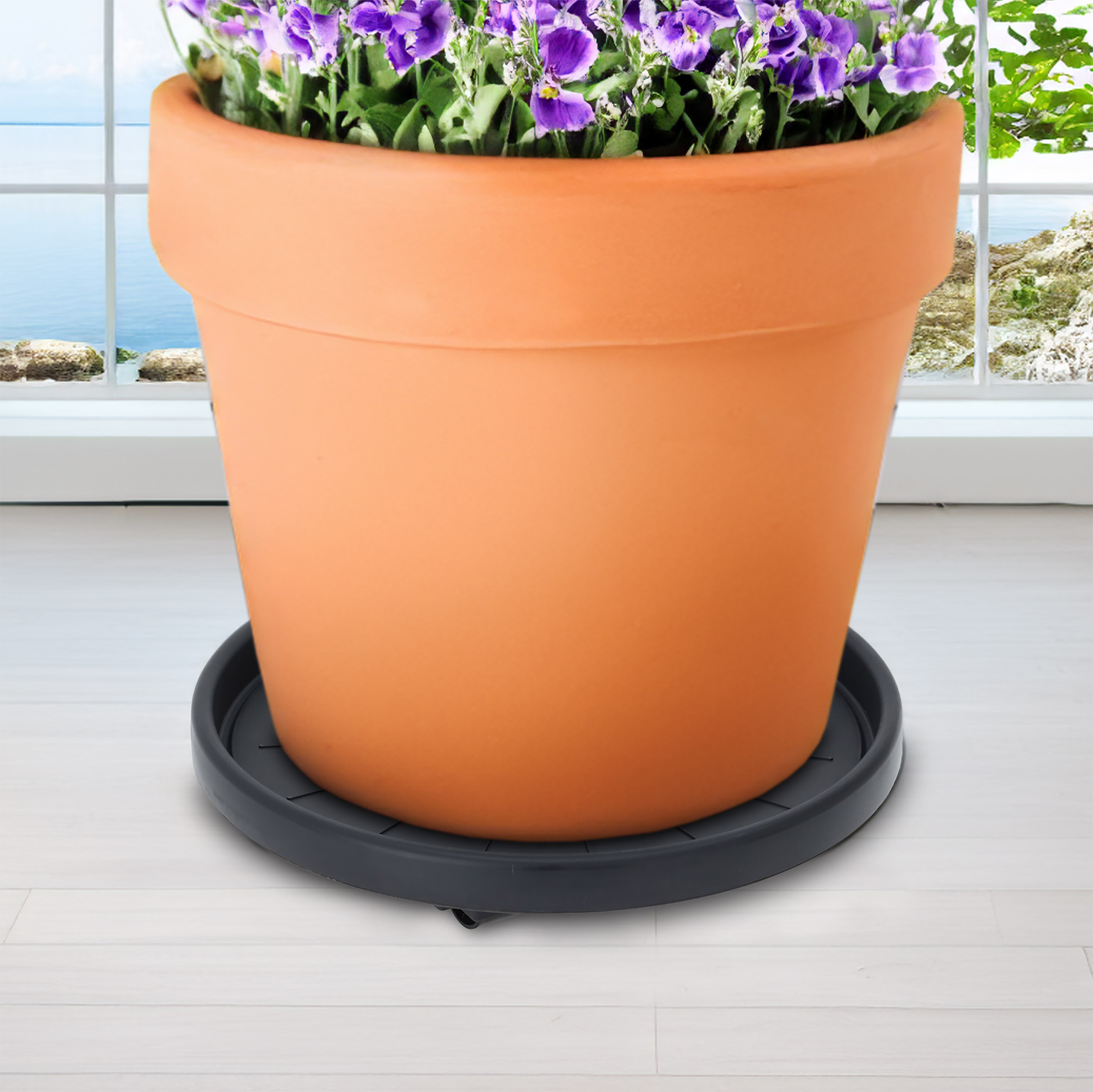 Kunststoff Pflanzentrolley anthrazit rund - 35 cm - Blumentopf Unterteller mit 4 Rollen