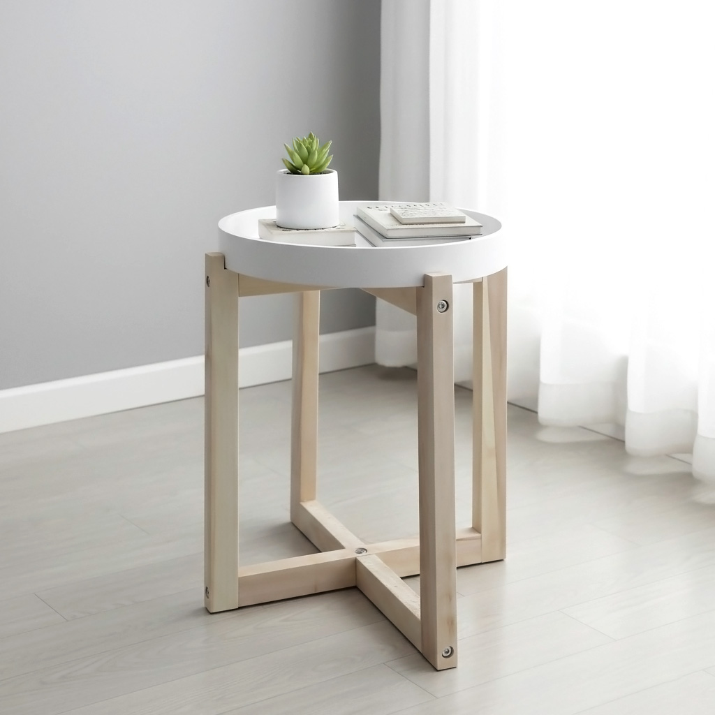 Holz Beistelltisch rund mit Tischplatte im Tablett Design 30 cm - weiß - Deko Blumentisch mit naturbelassenem X-Gestell