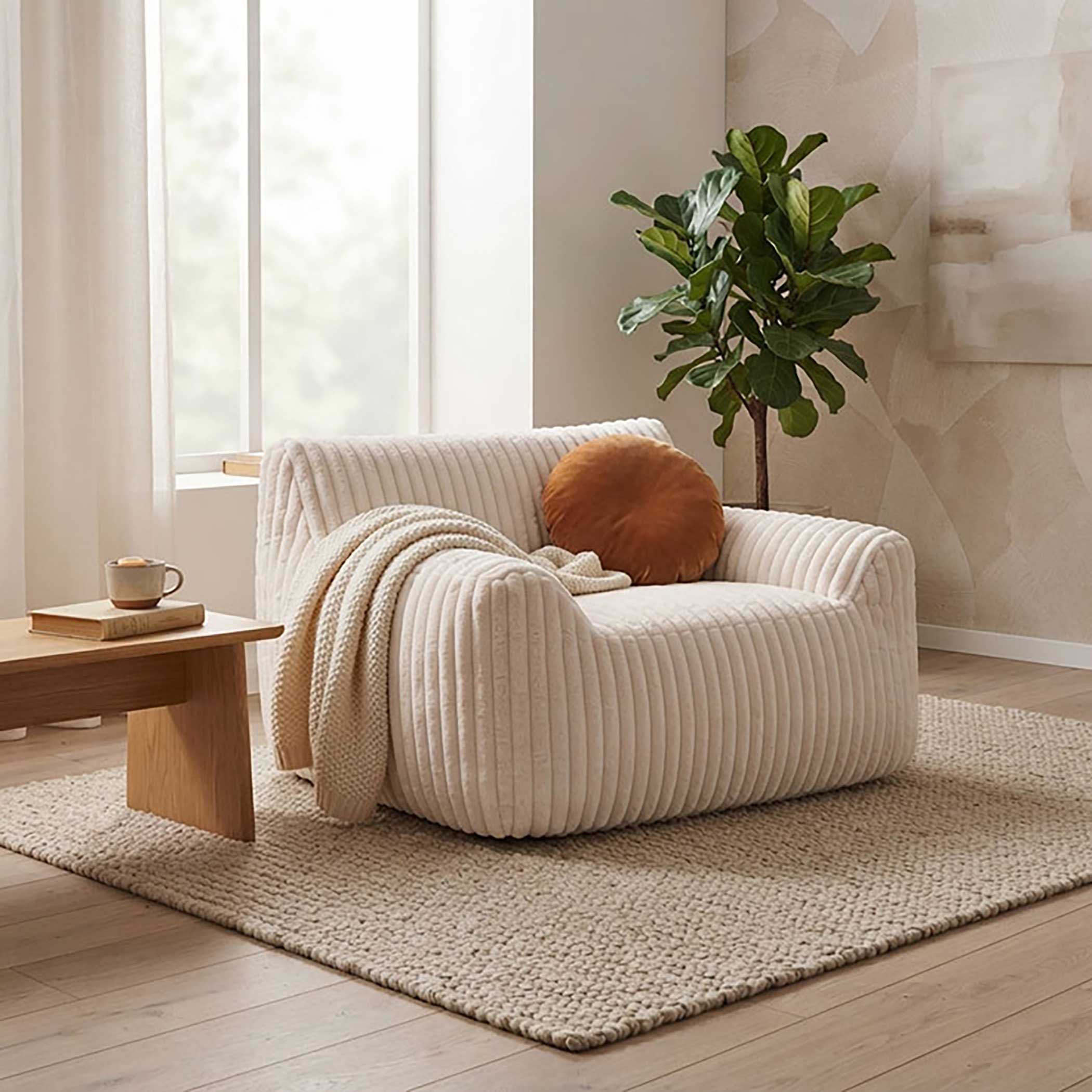 Lounge Sessel cremeweiß mit Armlehnen 104 x 96 cm - Cord - XL Sitzsack beige mit Schaumstoff Füllung