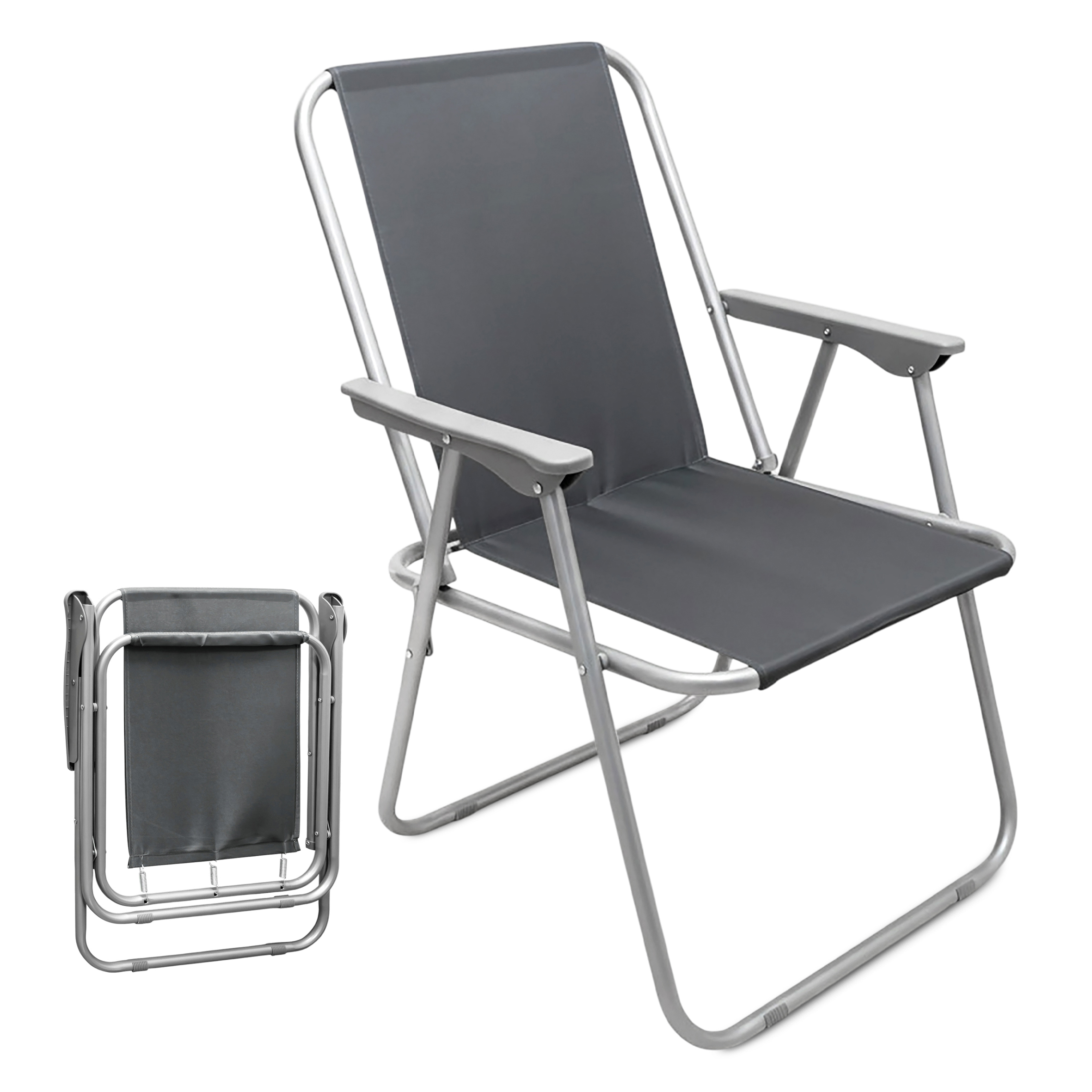 Camping Klappstuhl mit Armlehnen belastbar bis 100 kg - grau - Leichter und Kompakter Outdoor Stuhl für Camping und Garten